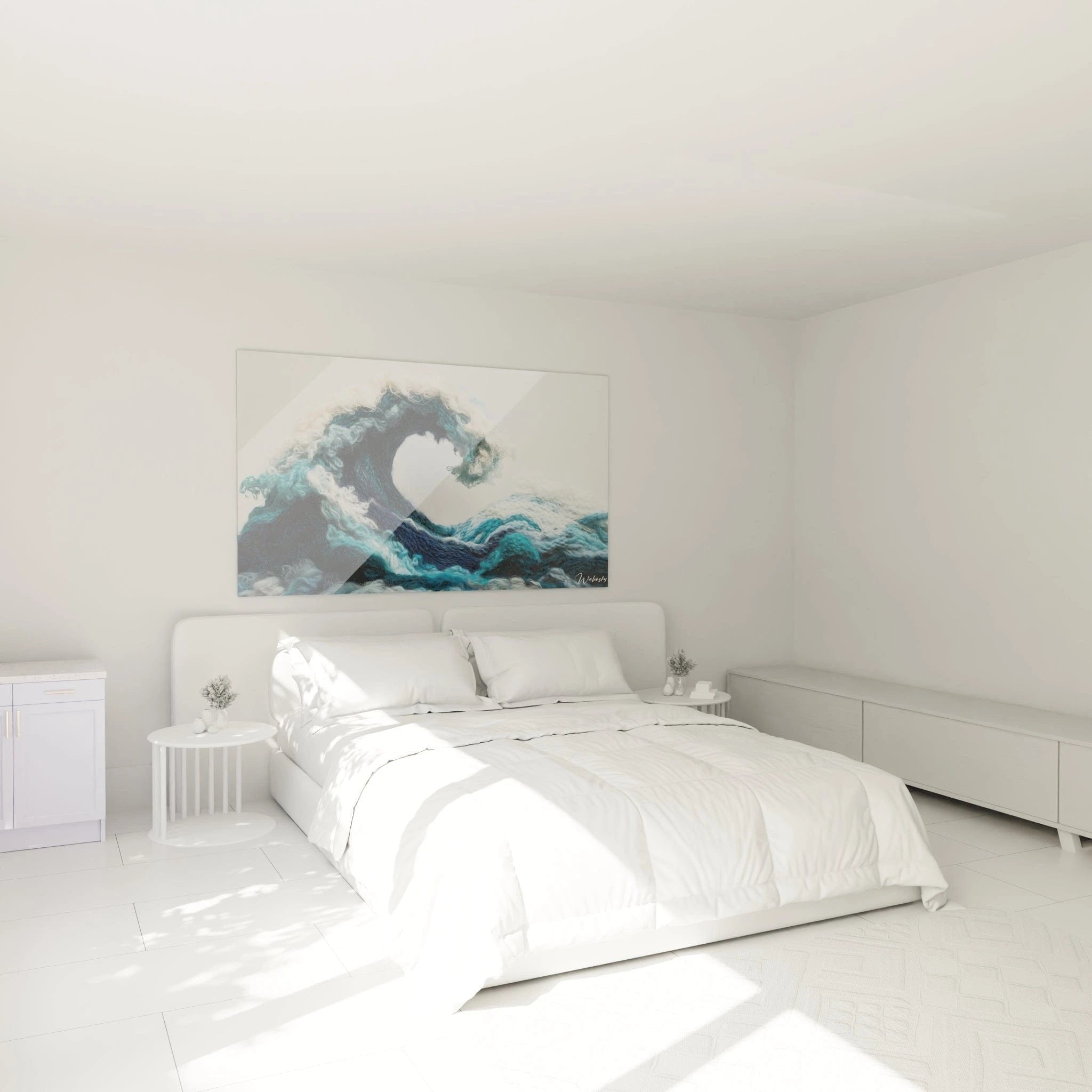 Maritime Wanddekoration im Schlafzimmer - Große Welle Häkeloptik in beruhigenden Blautönen