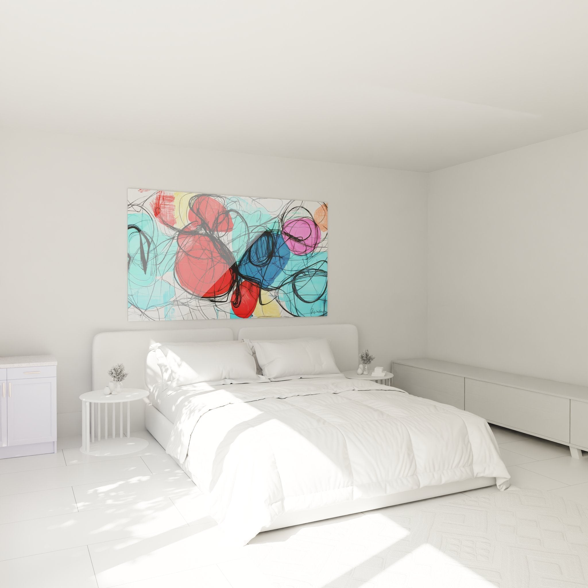 Modernes Schlafzimmer mit abstraktem Wandbild über dem Bett, lebendige Farben als Wanddekoration