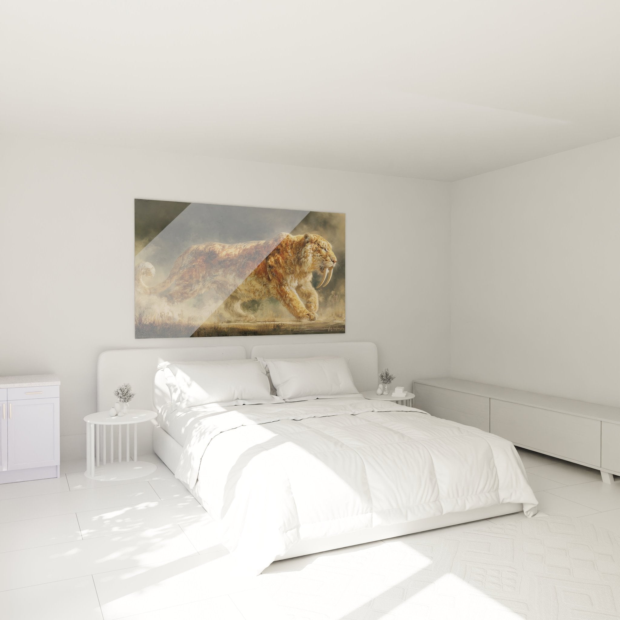 Säbelzahntiger Wandbild als stilvolle Dekoration im Schlafzimmer mit warmem Licht