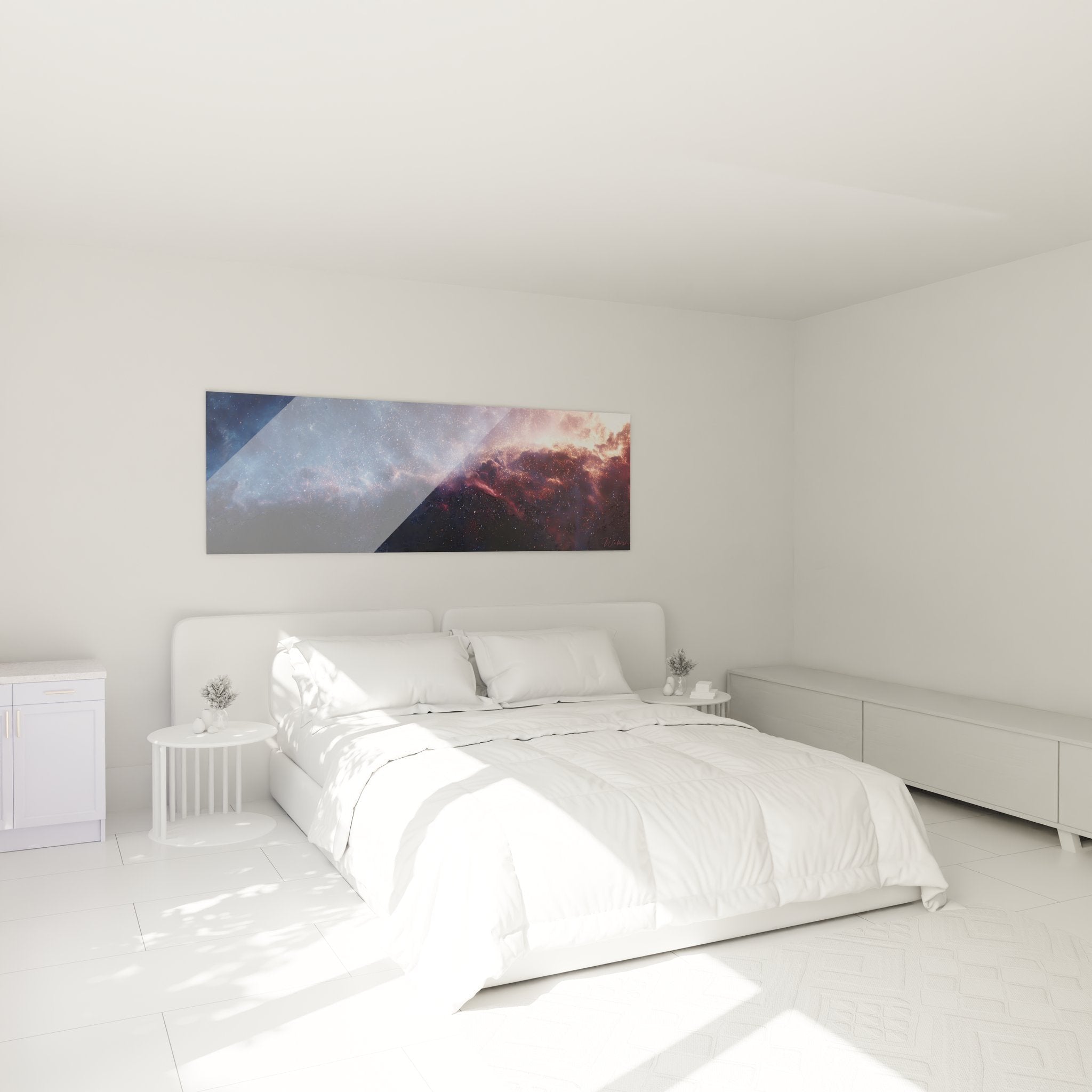 Kosmisches Berglandschaft Wandbild im Schlafzimmer mit Sternenhimmel und Nebeln als Wanddekoration