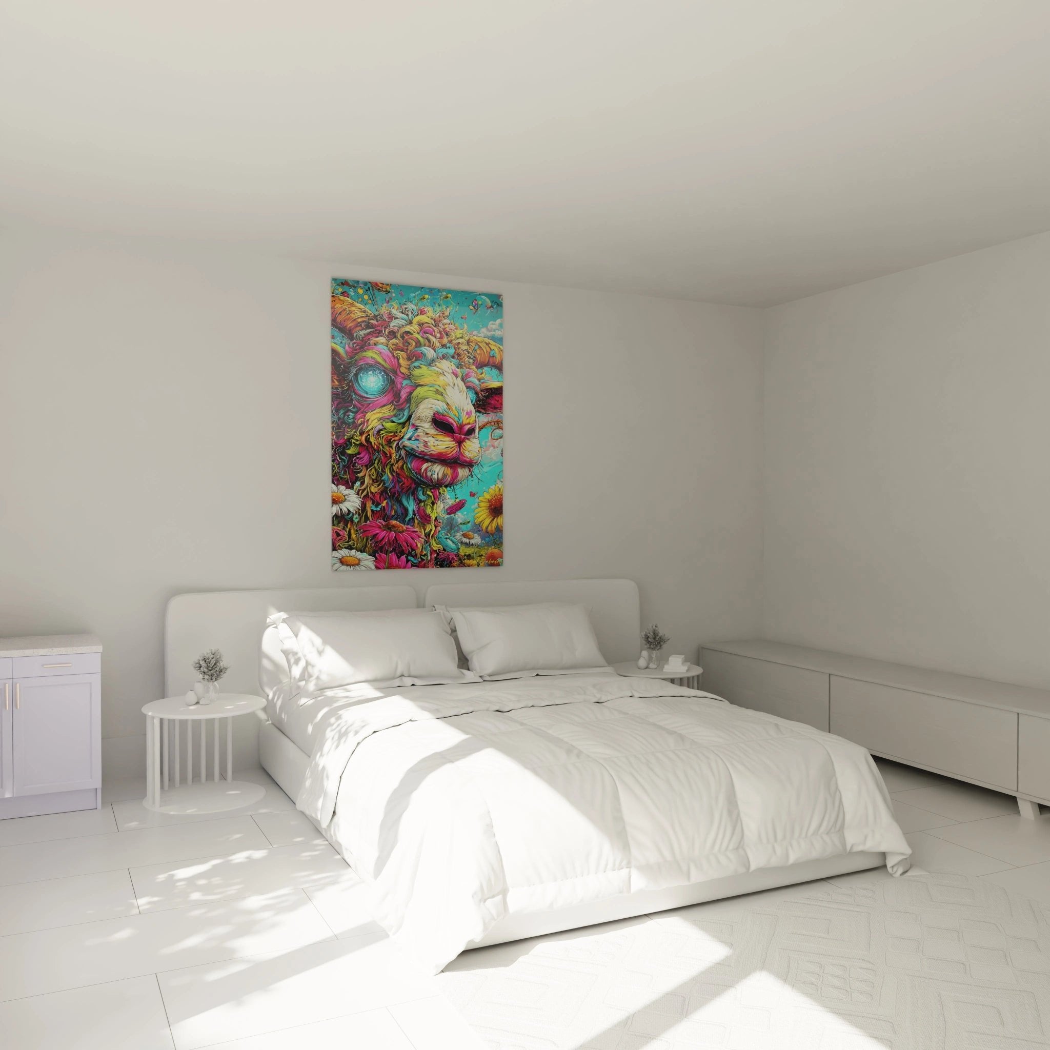 Psychedelisches Alpaka Wandbild in modernem Schlafzimmer mit bunten Farben als Wanddekoration