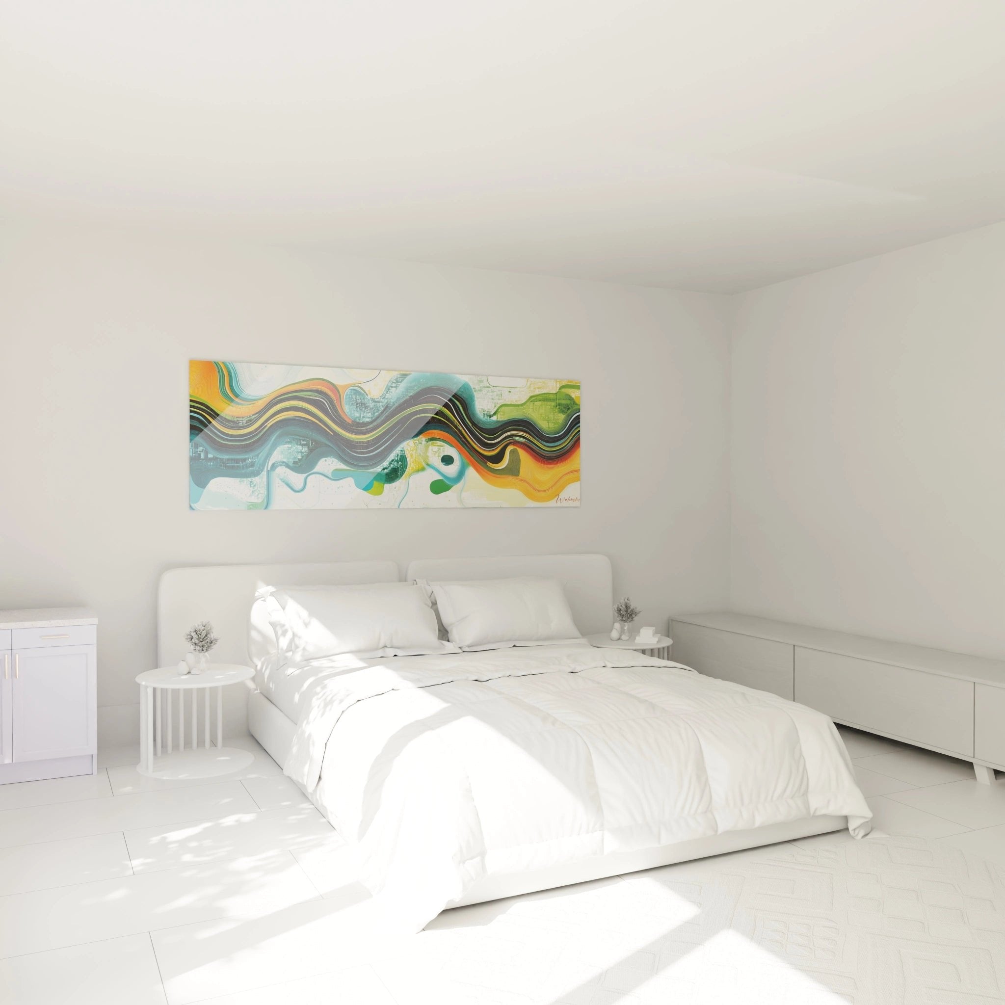 Abstraktes Wellen Wandbild in modernem Schlafzimmer, Teal und Orange Farben schaffen entspannende Atmosphäre