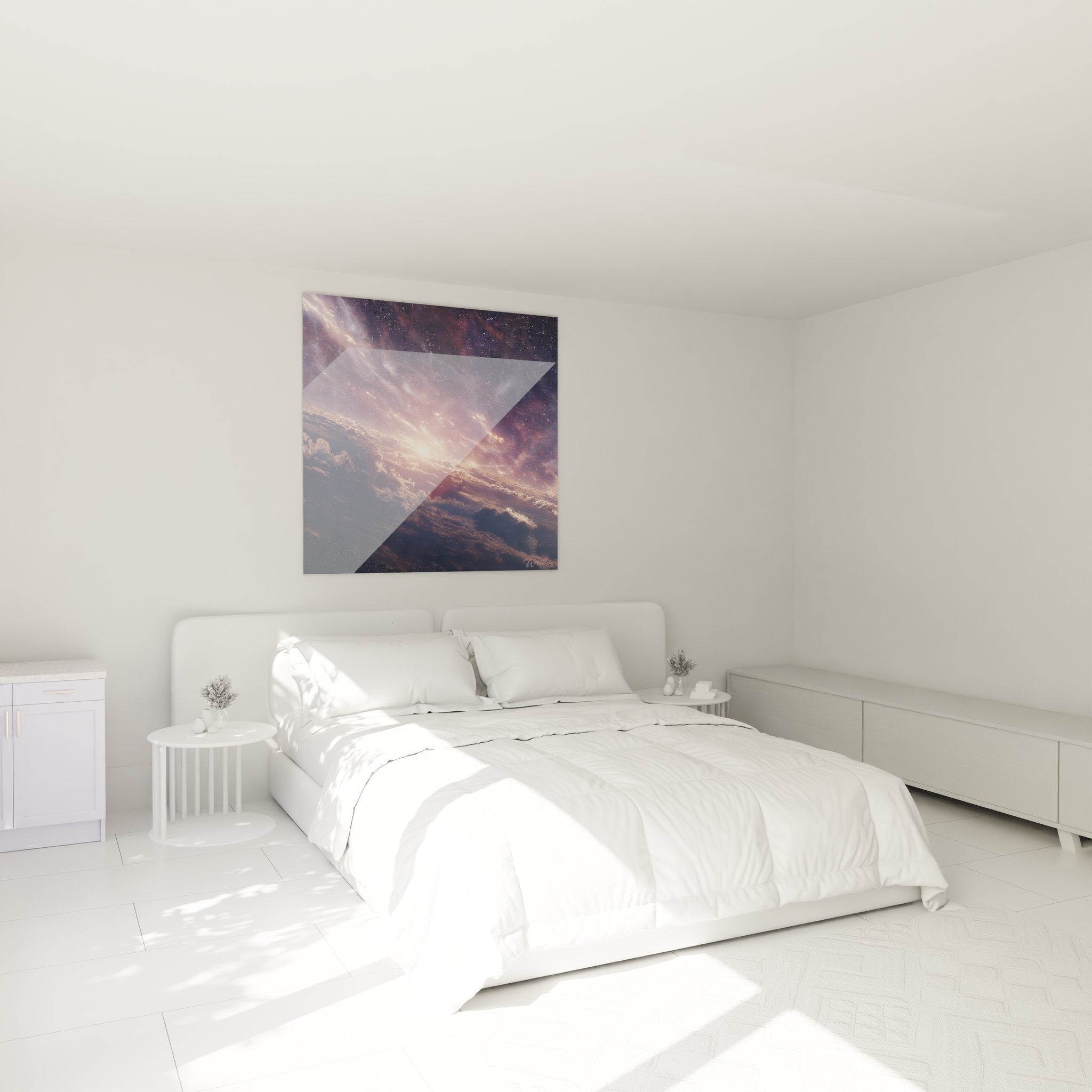 Schlafzimmer-Ambiente mit kosmischem Wolken-Wandbild, das eine beruhigende Weltraum-Atmosphäre schafft