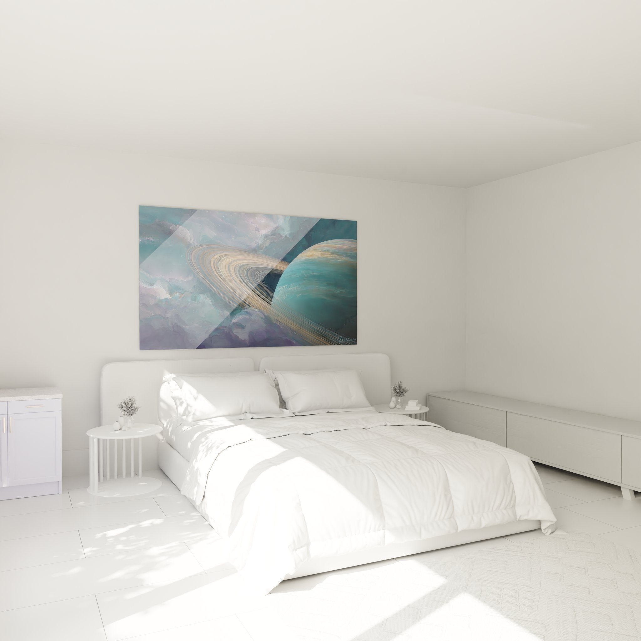 Saturn Wandbild im Schlafzimmer, entspannende Weltraum-Atmosphäre mit Planetenringen und Nebeln