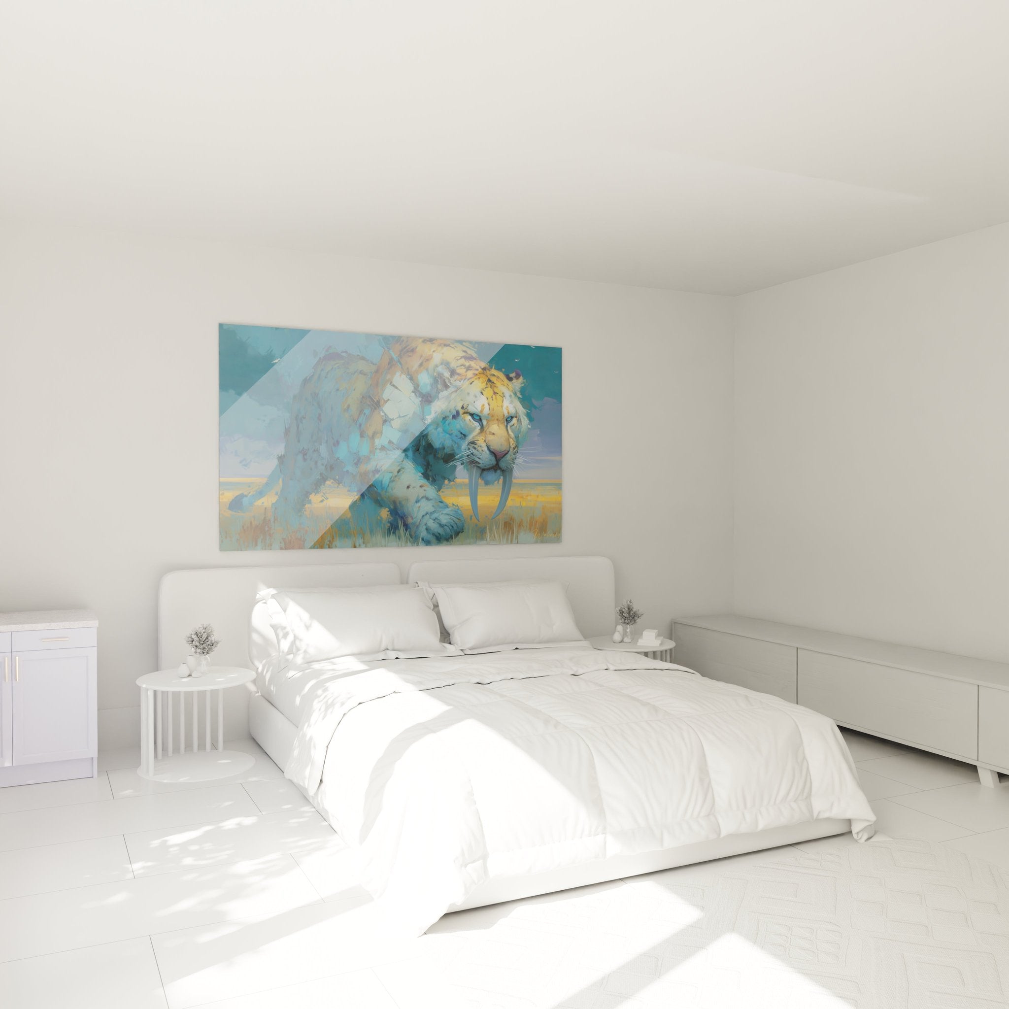 Säbelzahntiger Wandbild im Schlafzimmer, harmonische Blau-Braun Farbgebung schafft beruhigende Atmosphäre