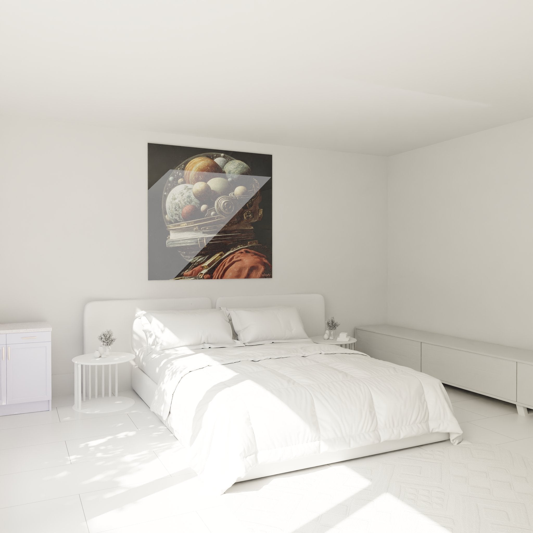 Astronaut Planetarium Wandbild als moderne Schlafzimmer Dekoration mit warmen Weltraum-Farbtönen an der Wand