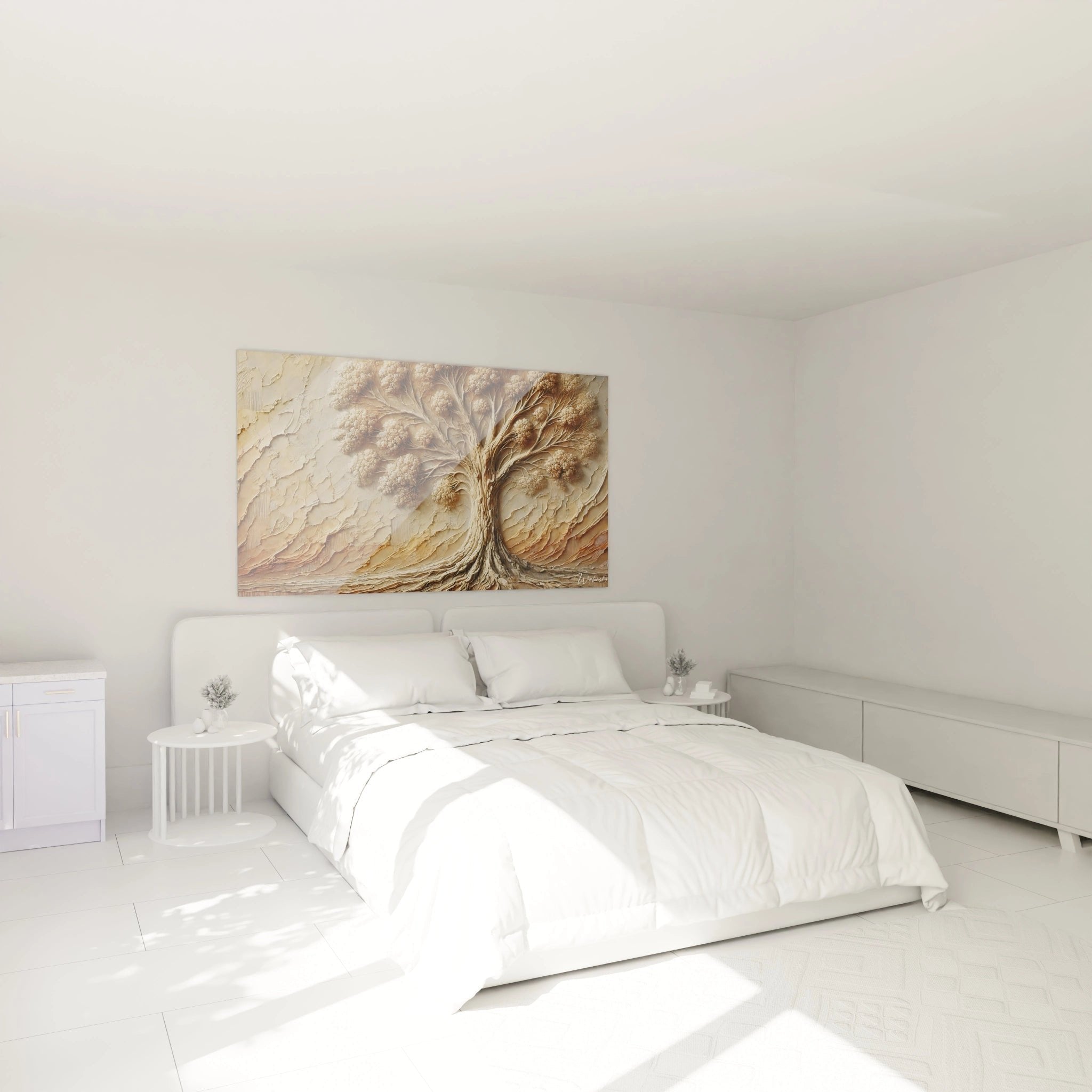 Lebensbaum Wandbild in Relief-Technik harmonisch im Schlafzimmer über dem Bett platziert