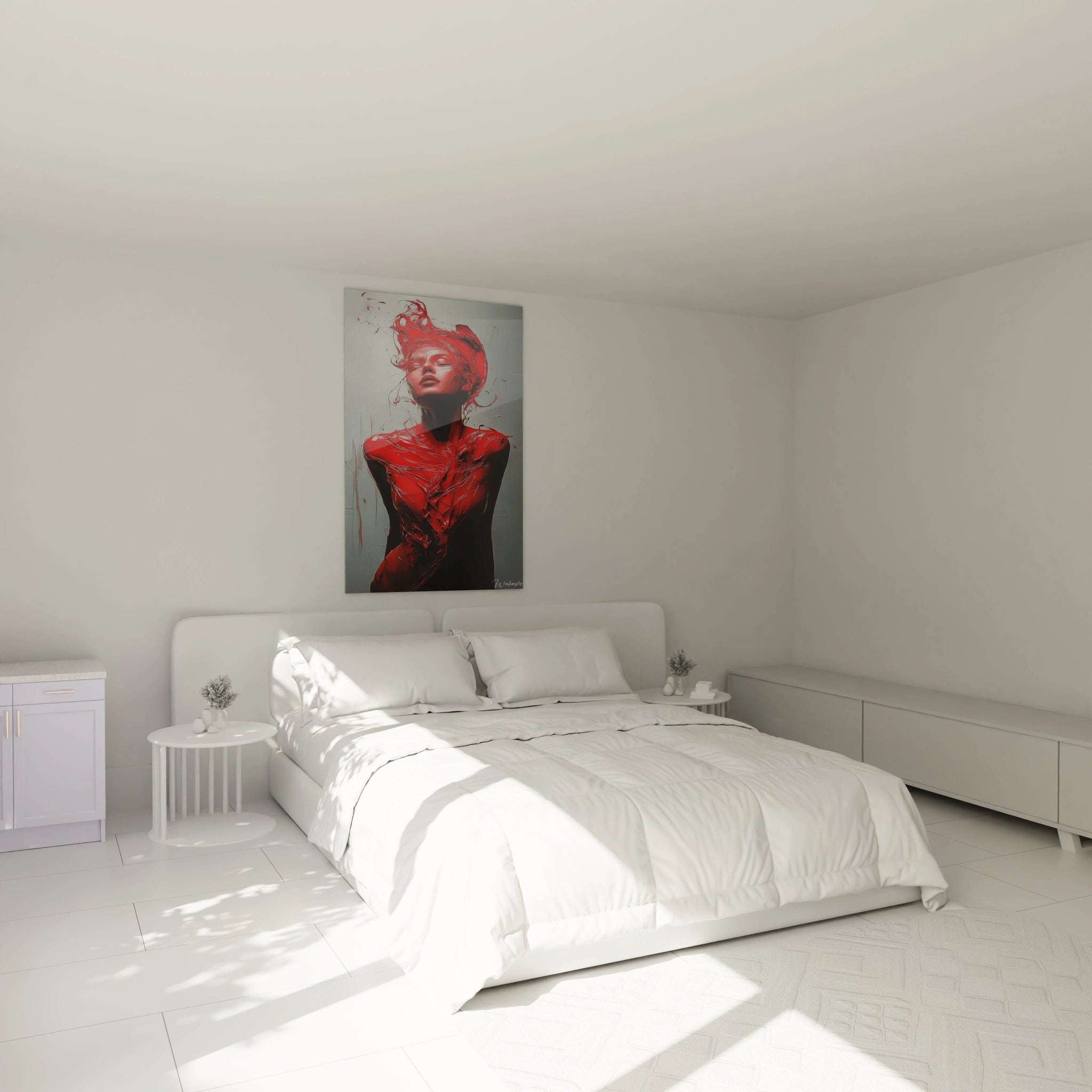 Modernes Wandbild mit roter abstrakter Frauenfigur als stilvolle Schlafzimmer Dekoration