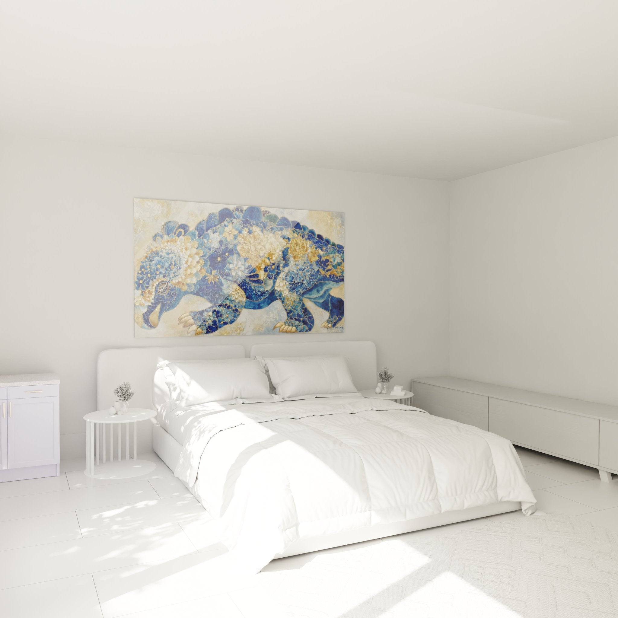 Scutosaurus Wandbild mit blauen Blütenmustern als elegante Schlafzimmer-Dekoration an weißer Wand