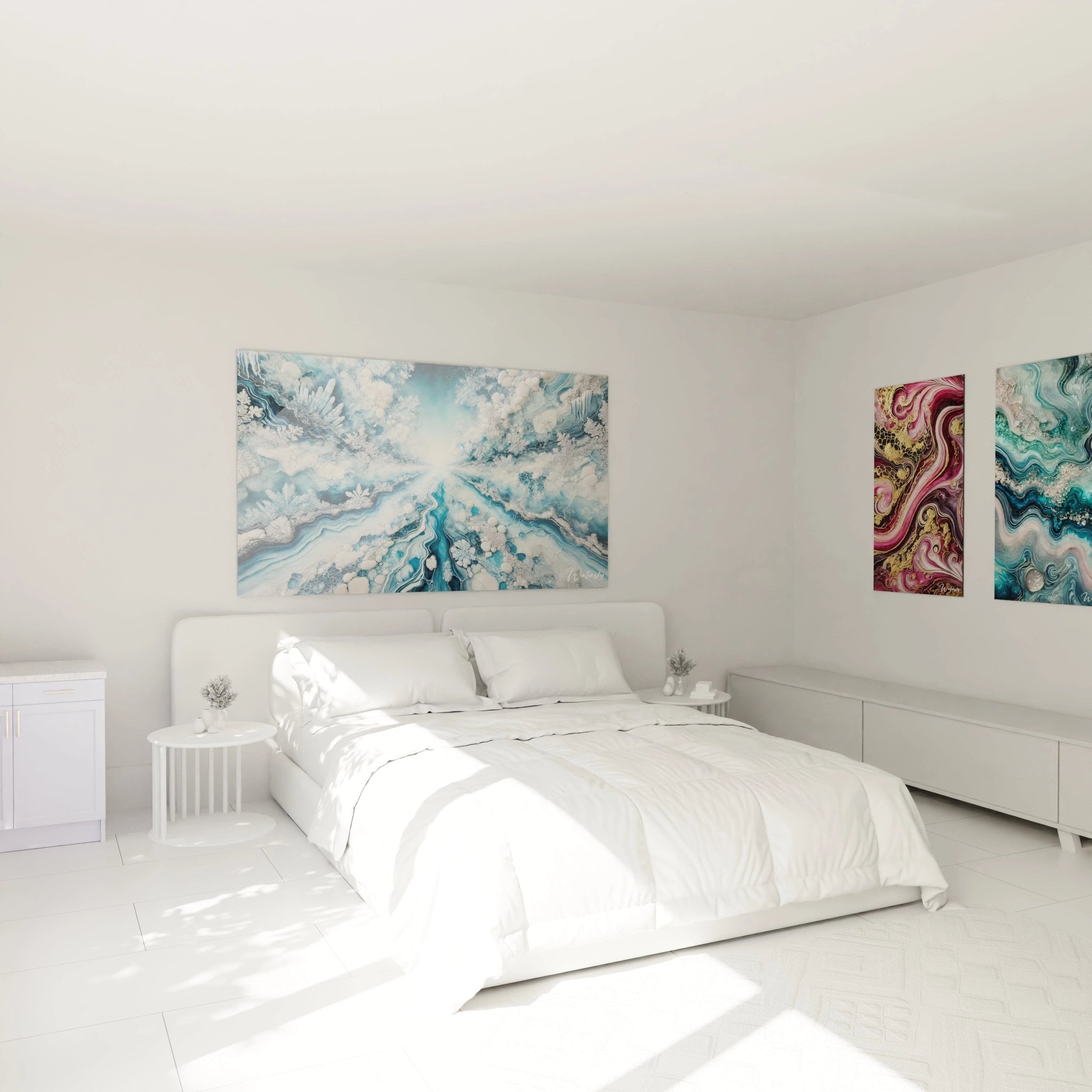 Abstraktes Winterlandschaft Wandbild im modernen Schlafzimmer mit beruhigender blau-weißer Farbgestaltung