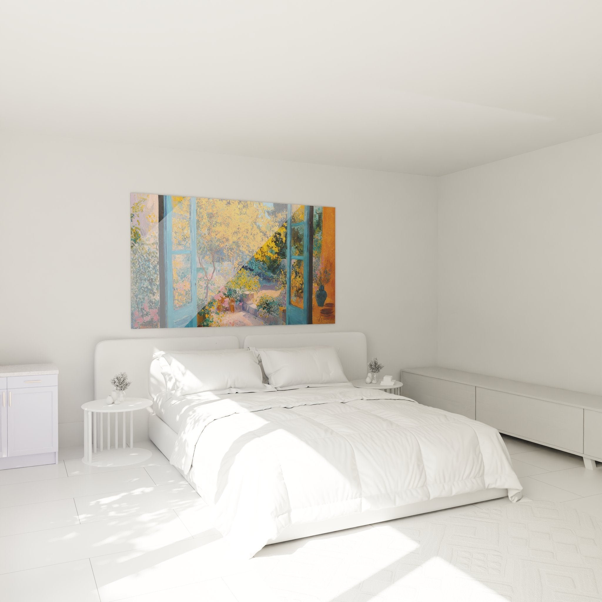 Herbstgarten Wandbild im Schlafzimmer - warme goldene Farben schaffen gemütliche Atmosphäre über dem Bett