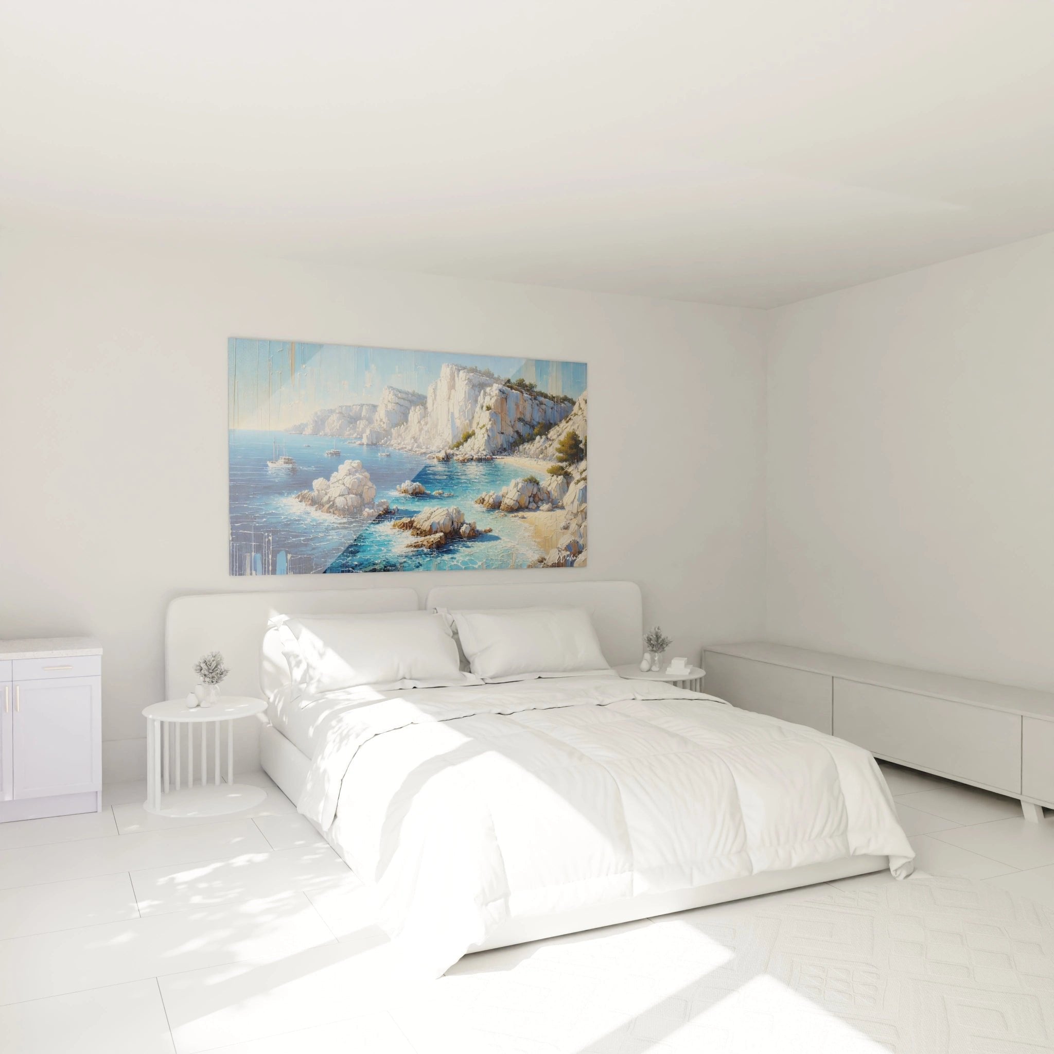 Wandbild mediterrane Küstenlandschaft im Schlafzimmer, maritime Dekoration mit weißen Klippen und blauem Meer