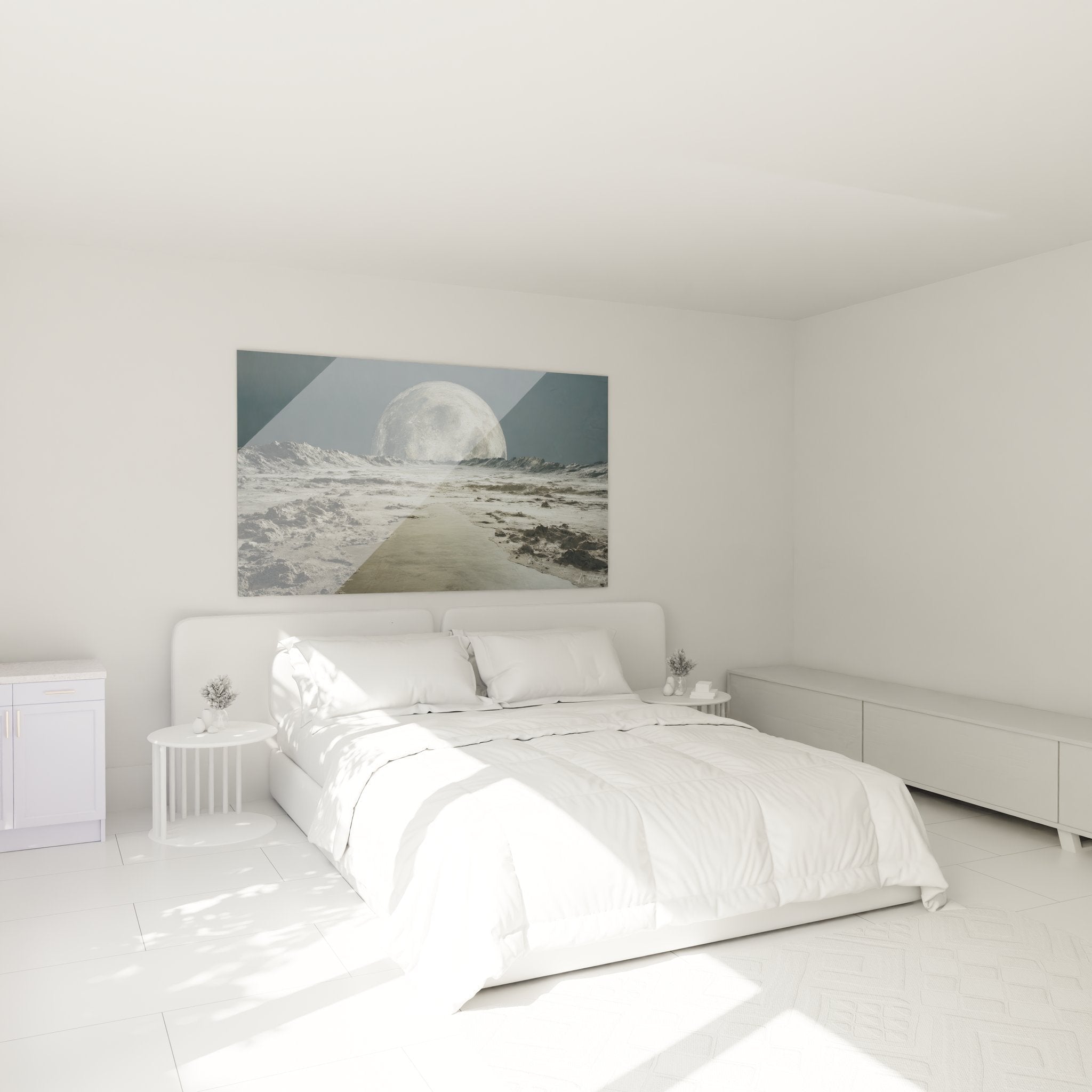 Mondlandschaft Wandbild im modernen Schlafzimmer mit Science-Fiction Atmosphäre