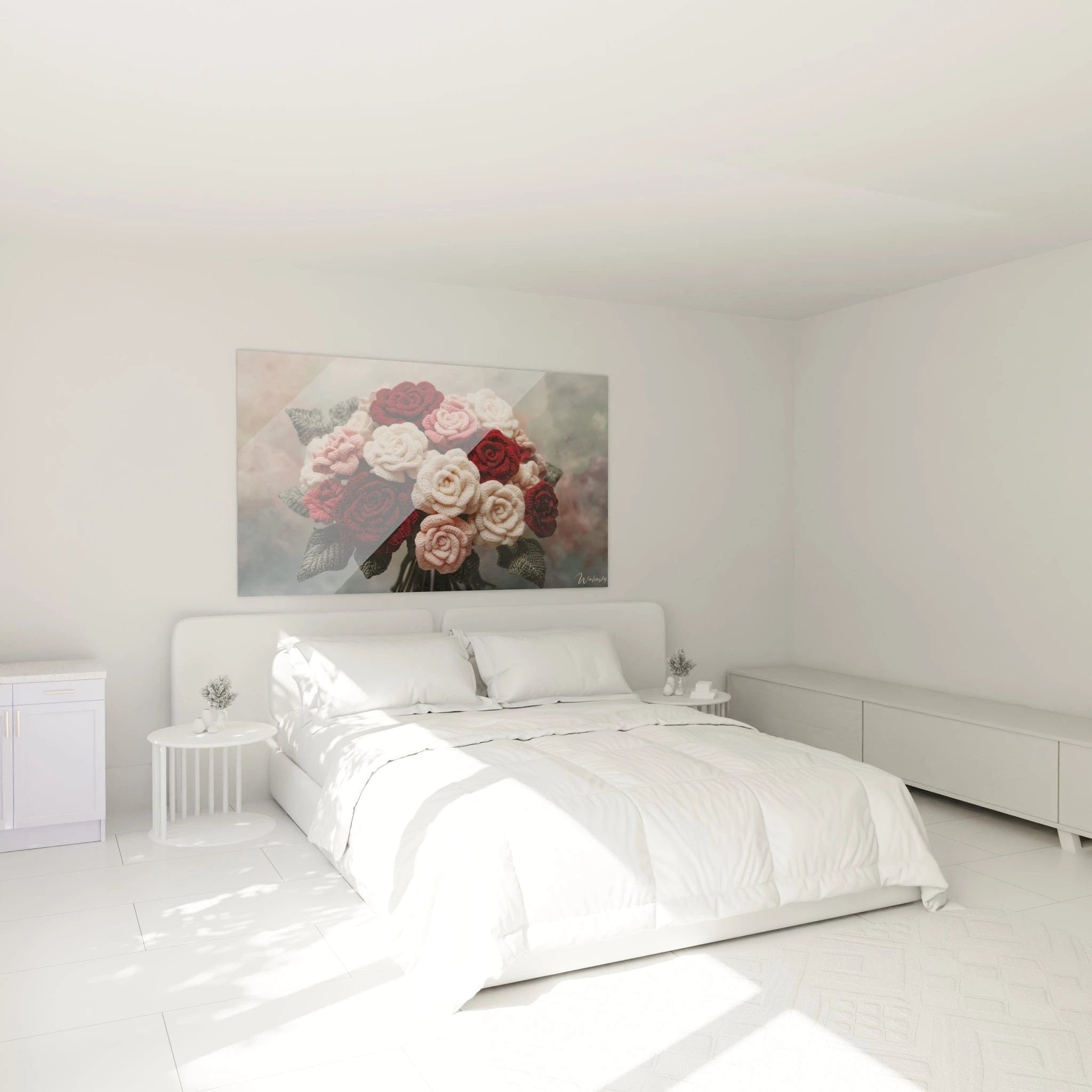 Wandbild gehäkelte Rosen im Schlafzimmer - romantische Atmosphäre durch warme Farbtöne der Häkeloptik