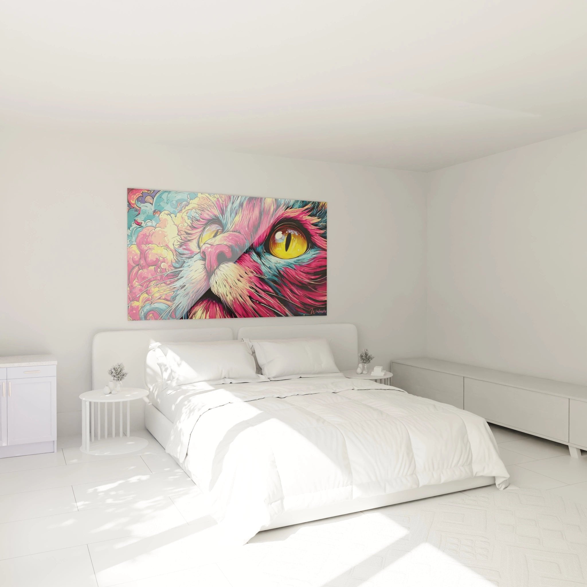 Modernes Schlafzimmer mit psychedelischem Katzen-Wandbild in leuchtenden Farben über dem Bett