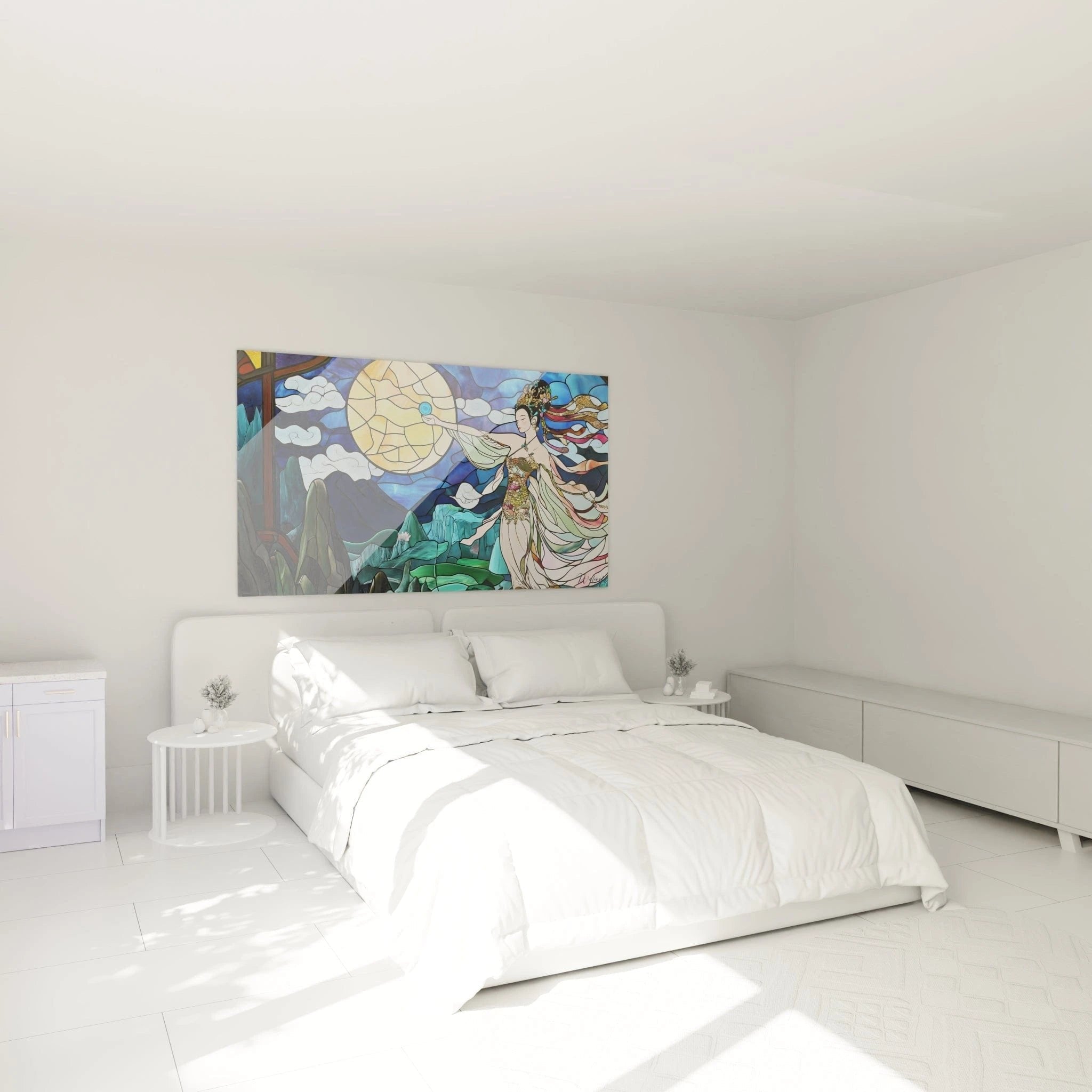 Elegantes Schlafzimmer mit Wandbild einer schwebenden Göttin in kunstvoller Glasmalerei-Optik als Wanddekoration