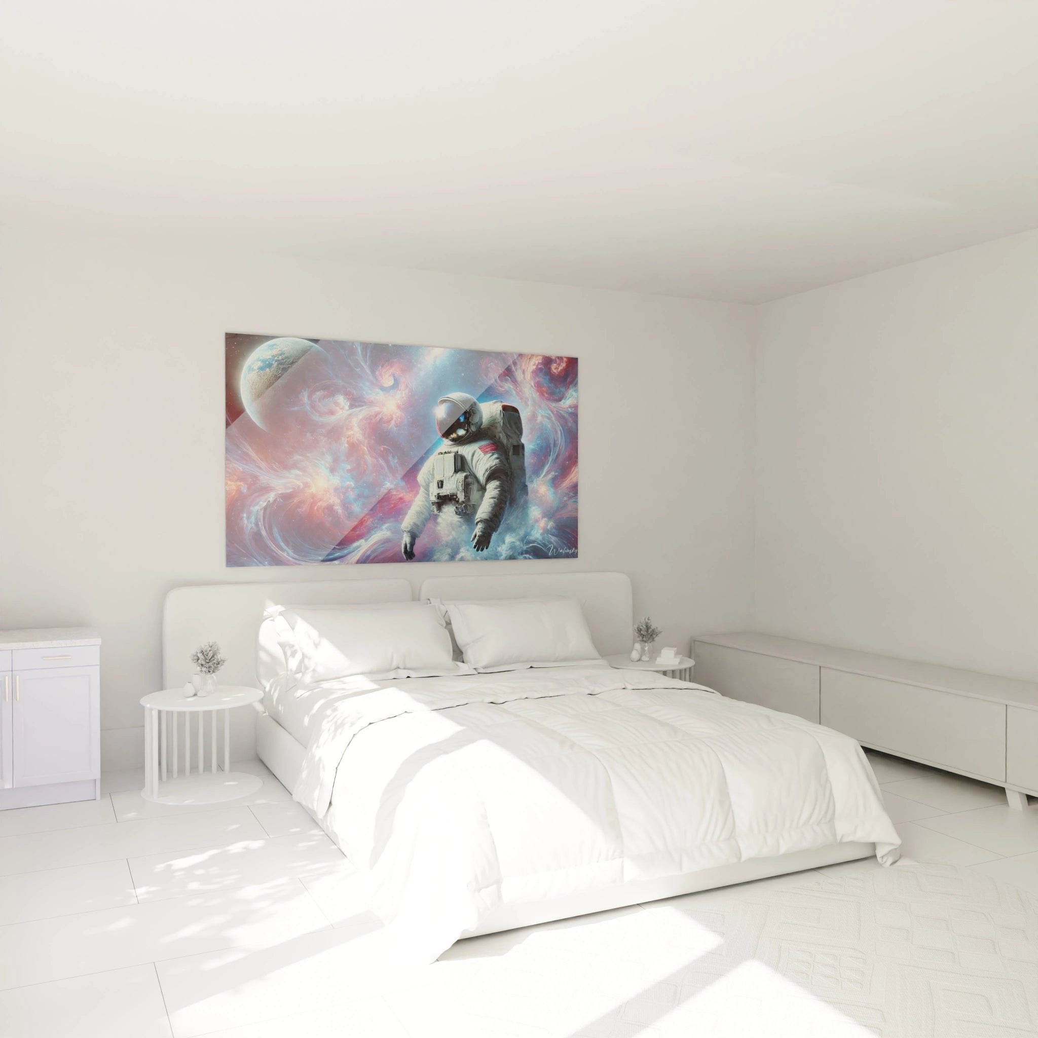 Weltraum Wandbild mit Astronaut im Schlafzimmer als moderne Wanddekoration
