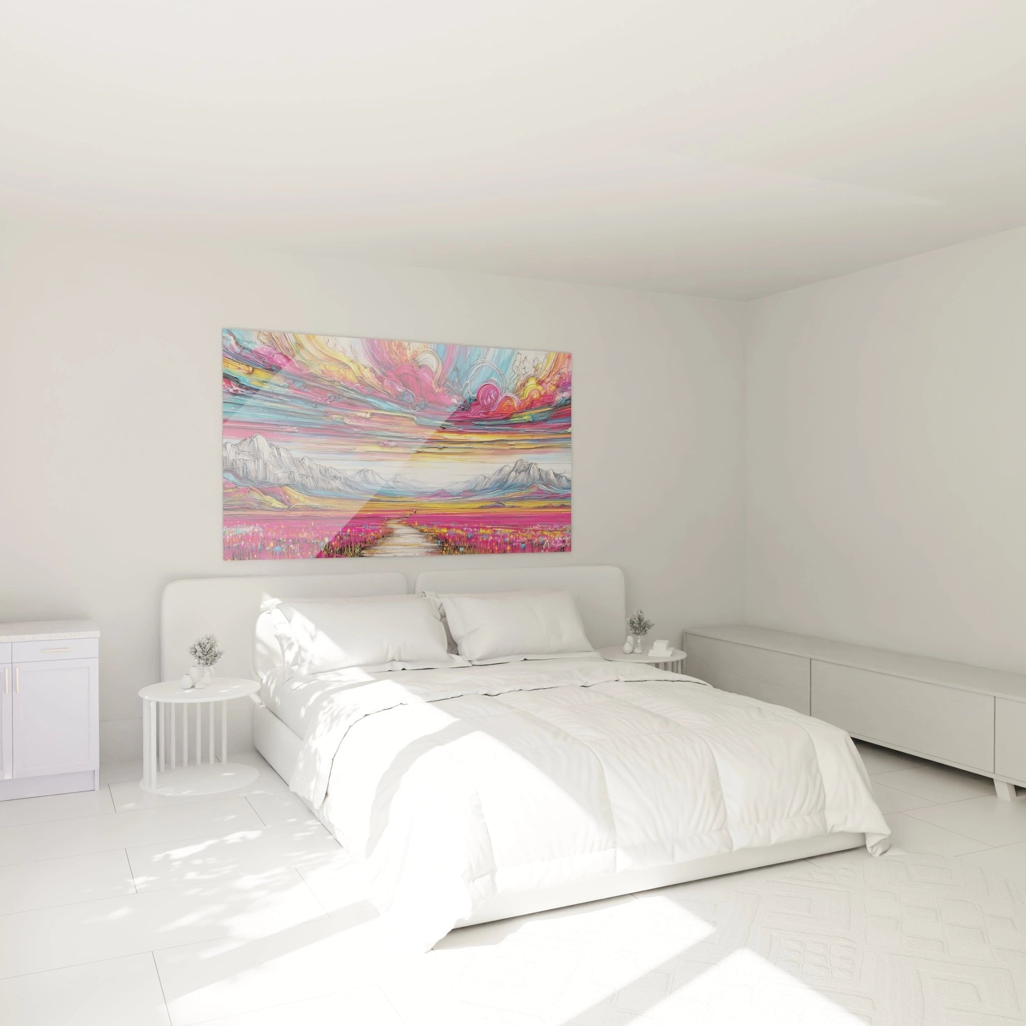 Wandbild psychedelische Berglandschaft im Schlafzimmer mit warmer Atmosphäre und leuchtenden Farben