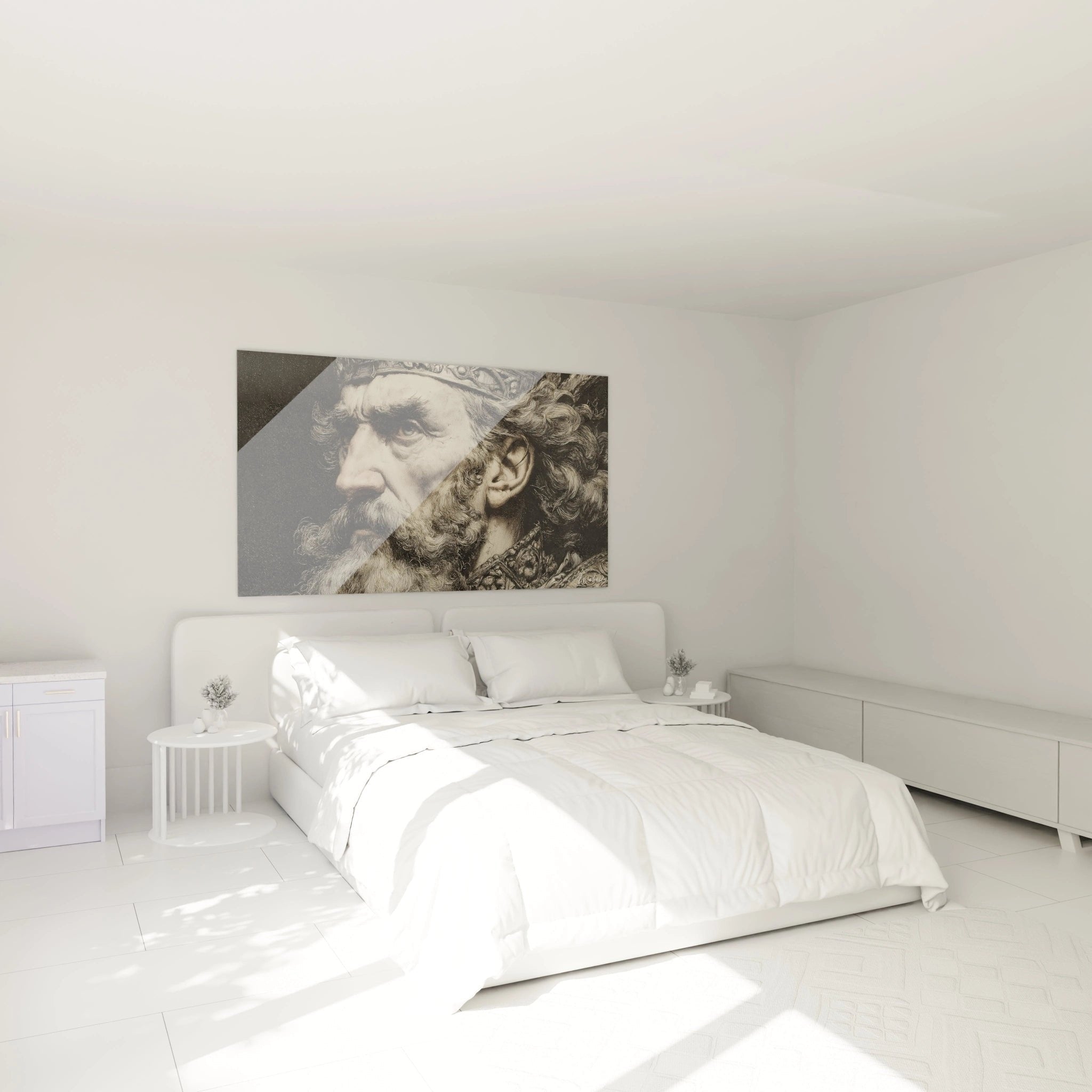 Elegantes Schlafzimmer mit antikem Krieger Wandbild als stilvoller Wandschmuck über dem Bett