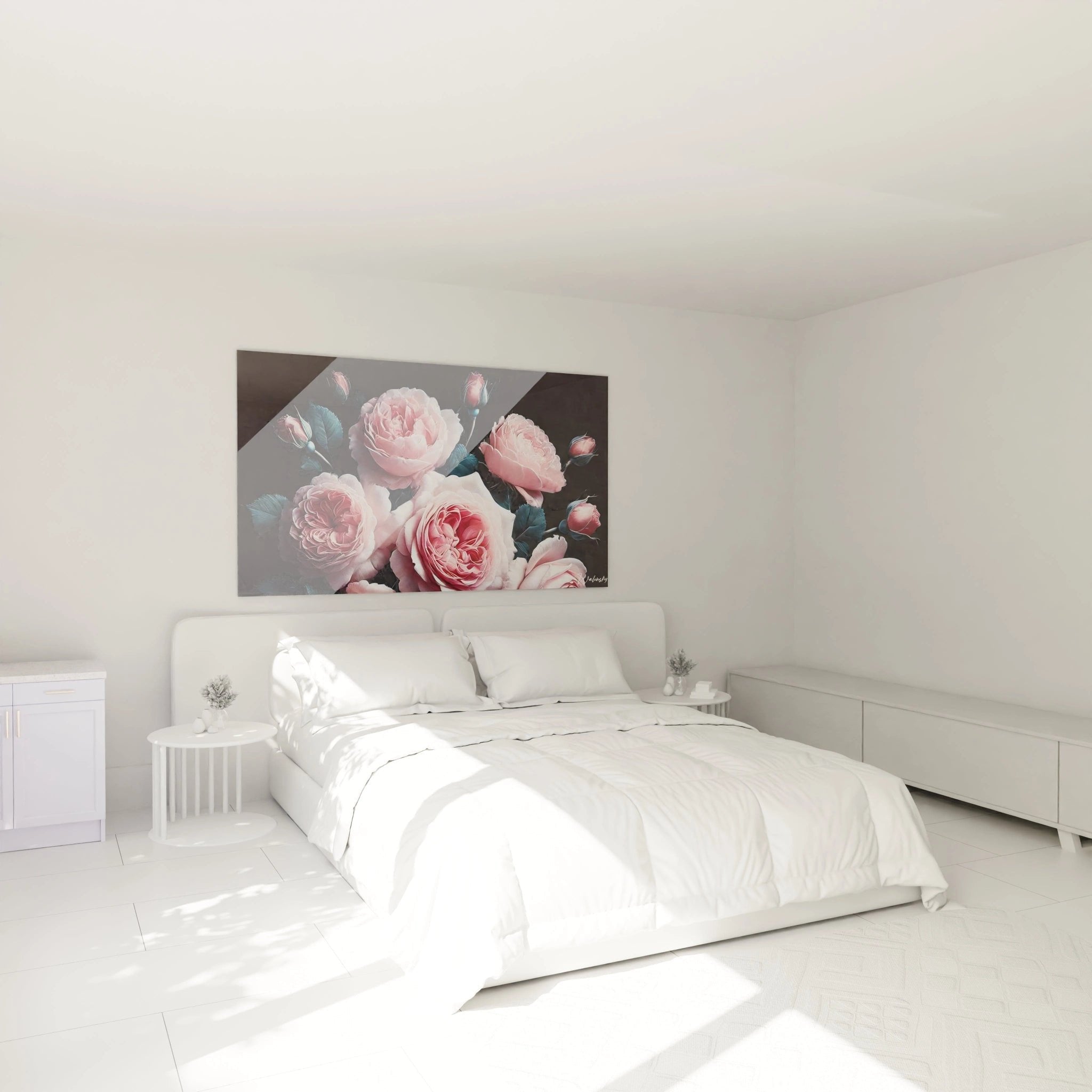 Rosa Rosen Wandbild im Schlafzimmer, elegante Wanddekoration über dem Bett mit romantischer Ausstrahlung