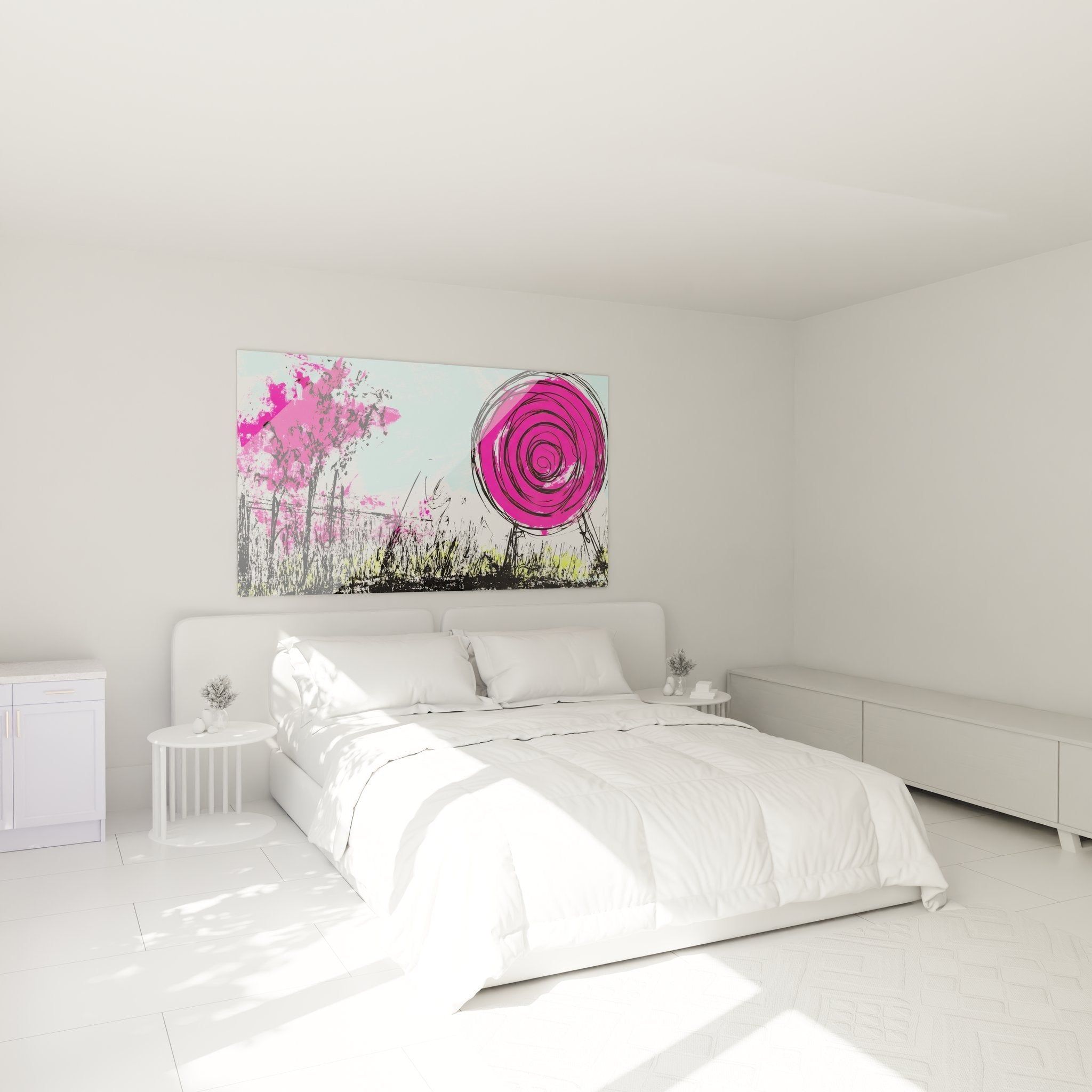 Modernes Wandbild abstrakte Natur in rosa und türkis als Schlafzimmerdekoration an weißer Wand