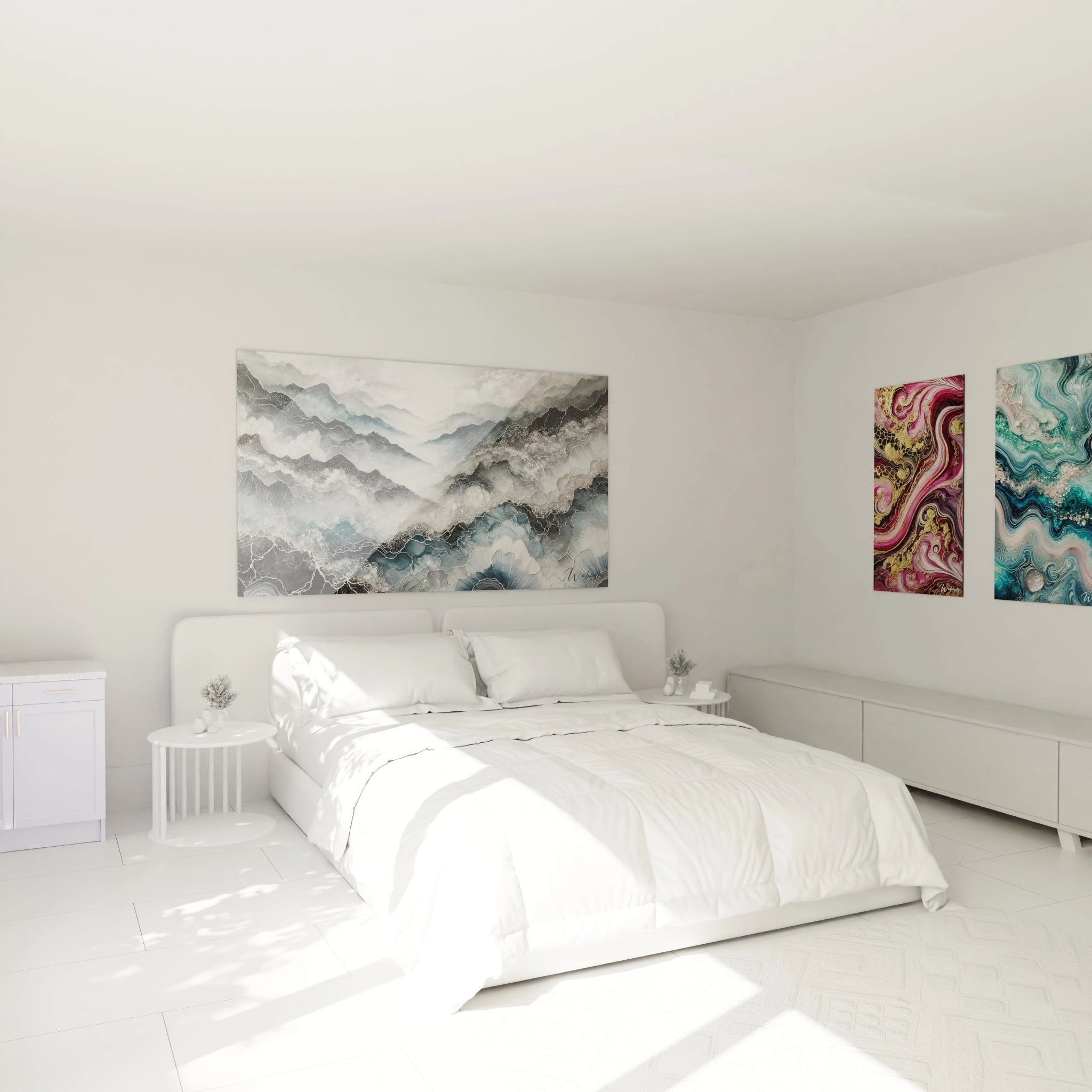 Abstraktes Berglandschaft Wandbild in modernem Schlafzimmer, graue Töne, Epoxidharz-Optik Wanddekoration
