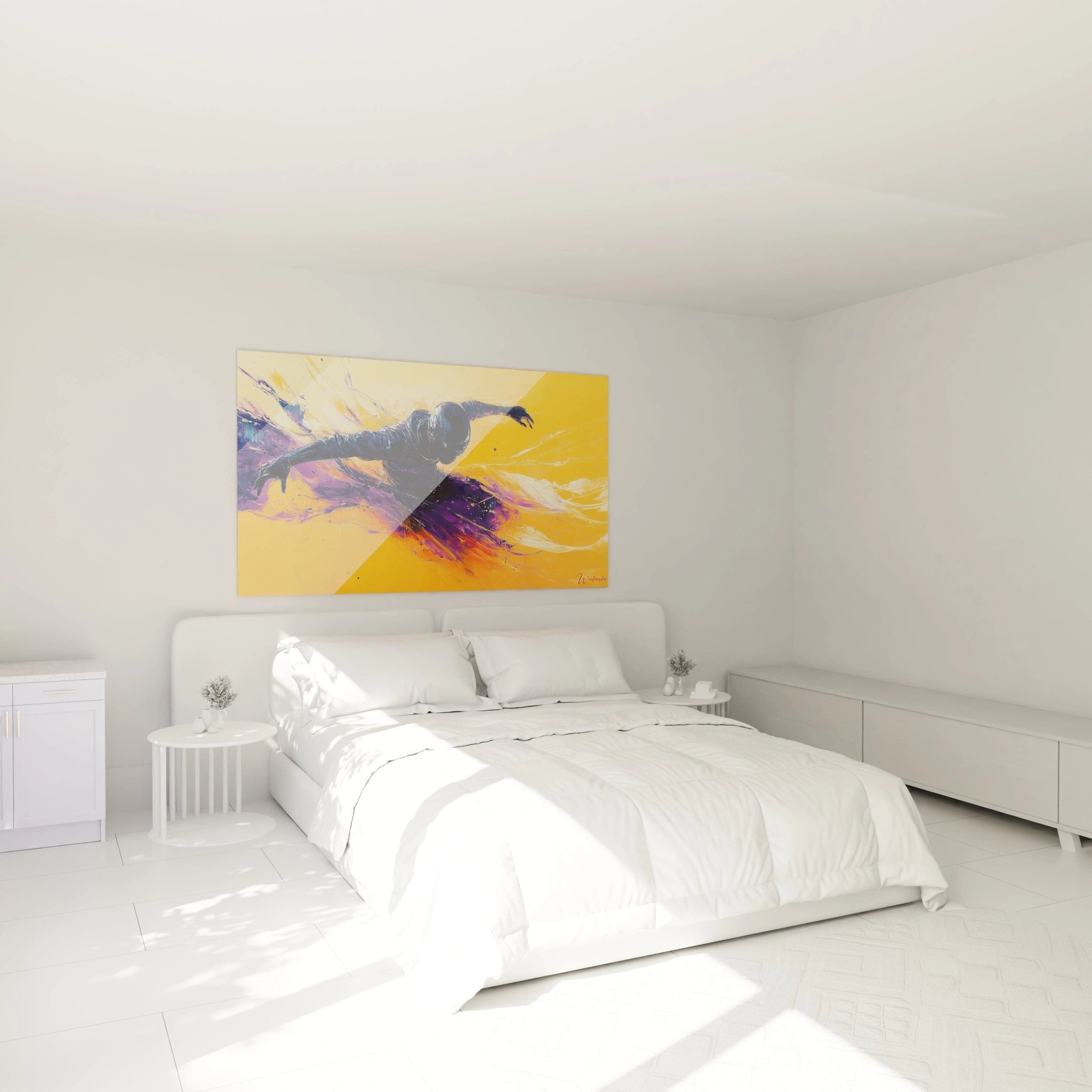 Schwimmer Wandbild in Orange-Violett als moderne Schlafzimmerdekoration im Street Art Design