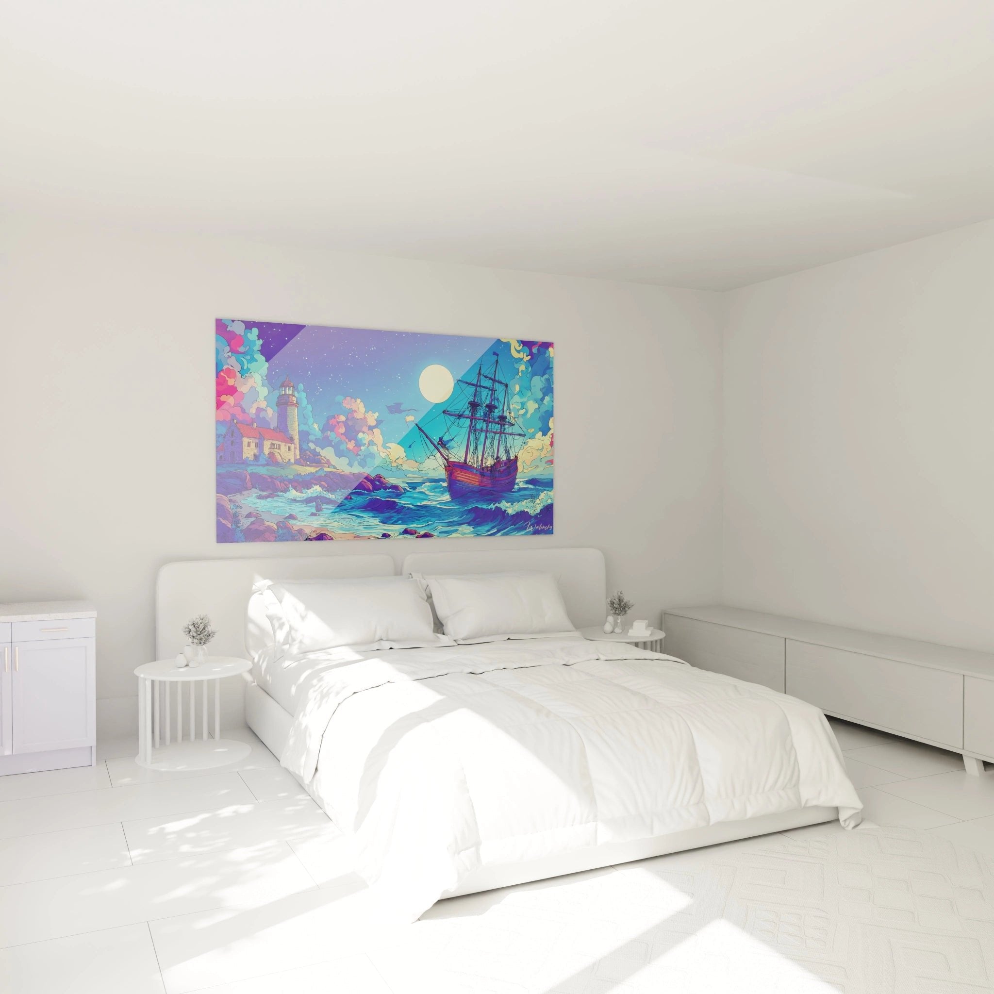 Maritime Wanddekoration im Schlafzimmer zeigt Segelschiff und Leuchtturm Motiv im Comic-Stil
