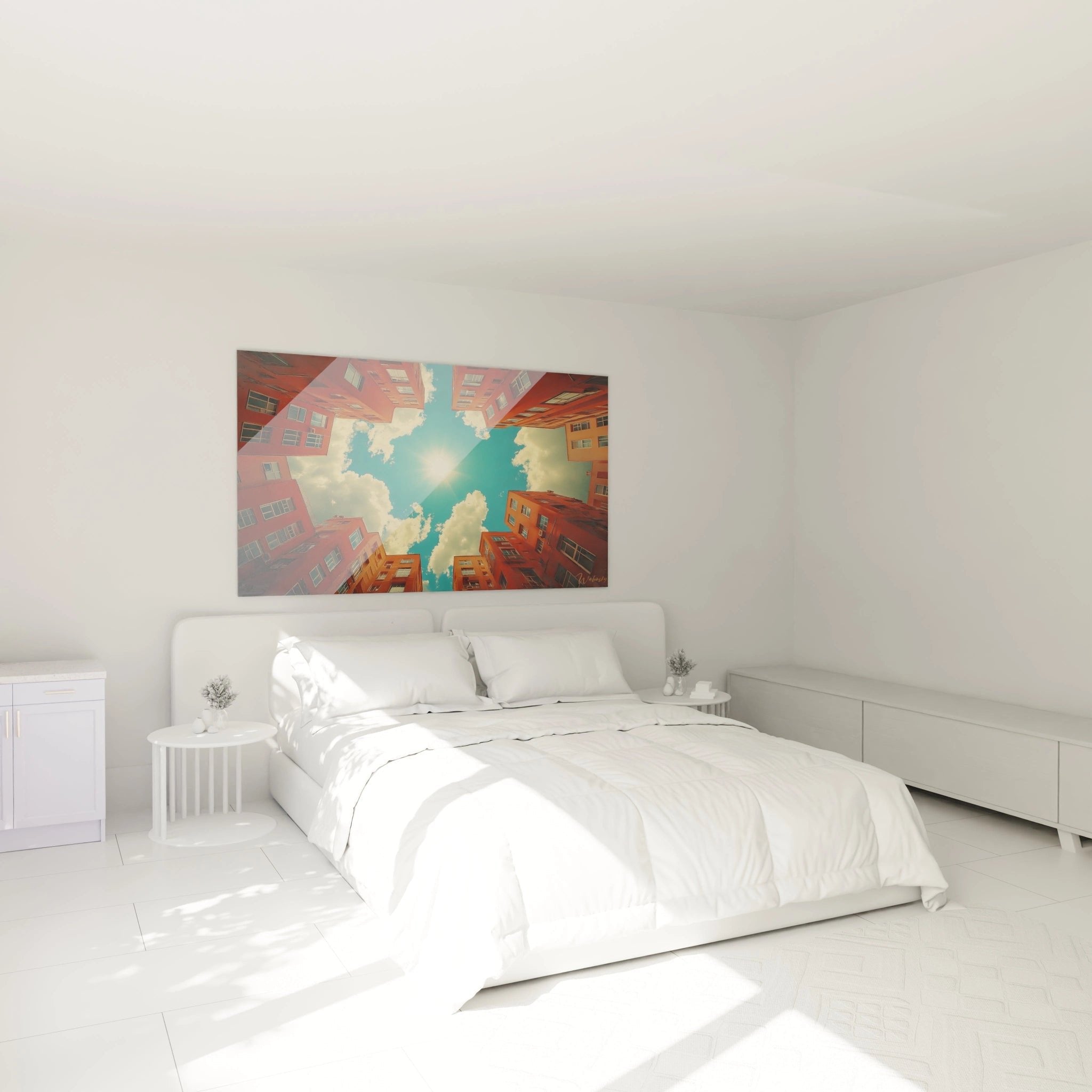 Urbanes Wandbild im Schlafzimmer - Rote Gebäude Himmelsperspektive als stilvolle Wanddekoration