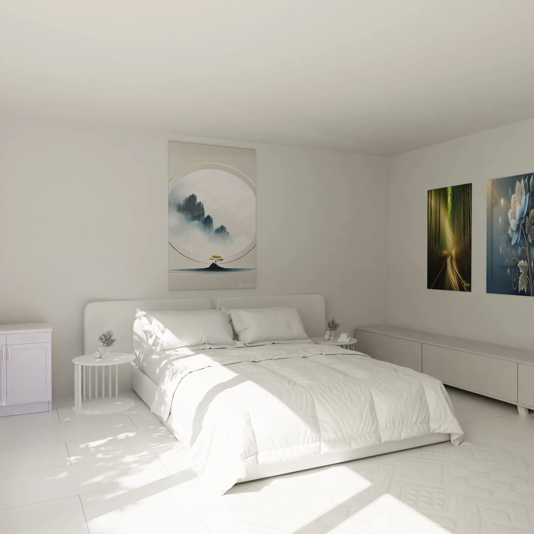 Zen Wandbild Berglandschaft mit Baum im modernen Schlafzimmer für Meditation und Entspannung