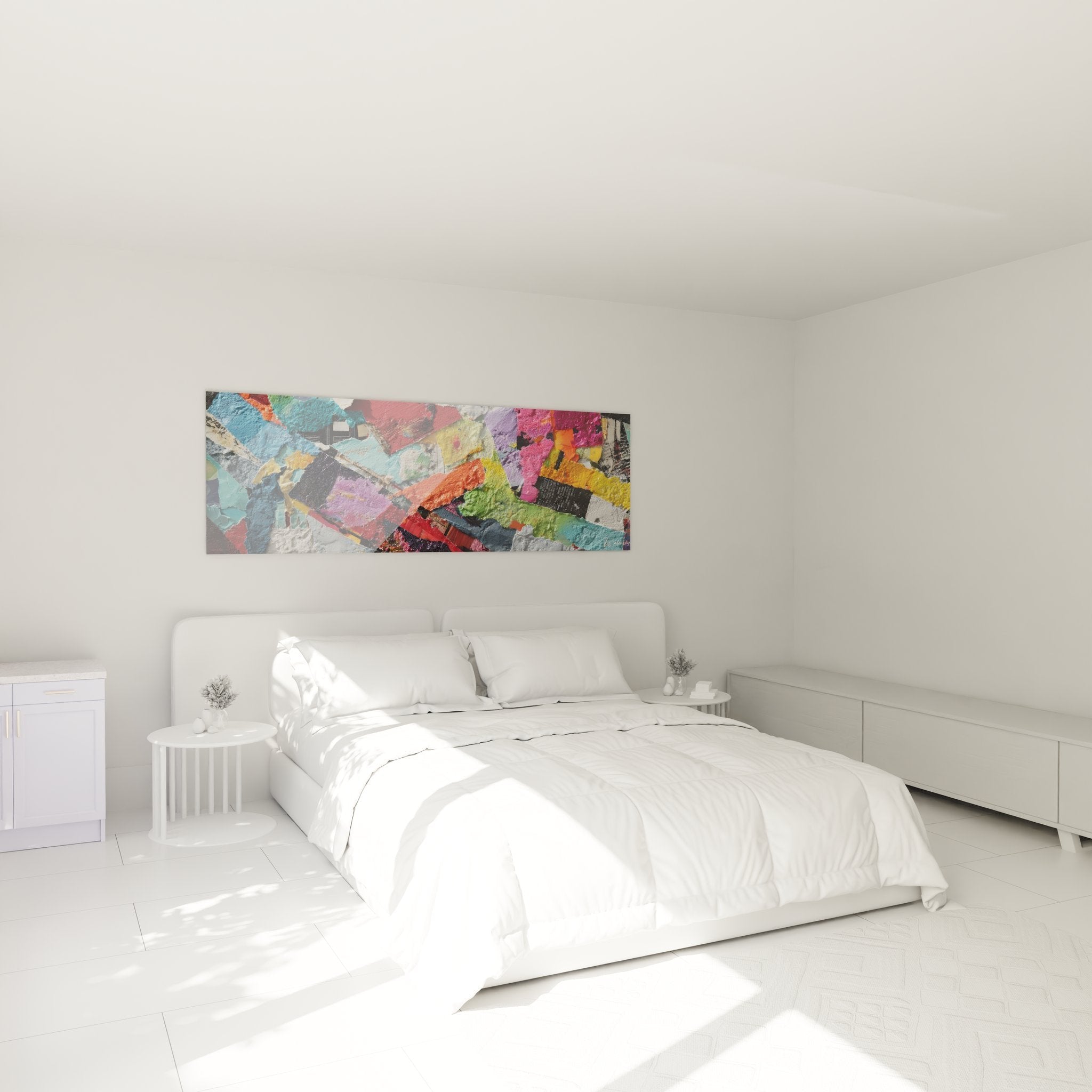 Moderne Schlafzimmereinrichtung mit abstraktem Farbcollage-Wandbild als dekorativer Mittelpunkt über dem Bett