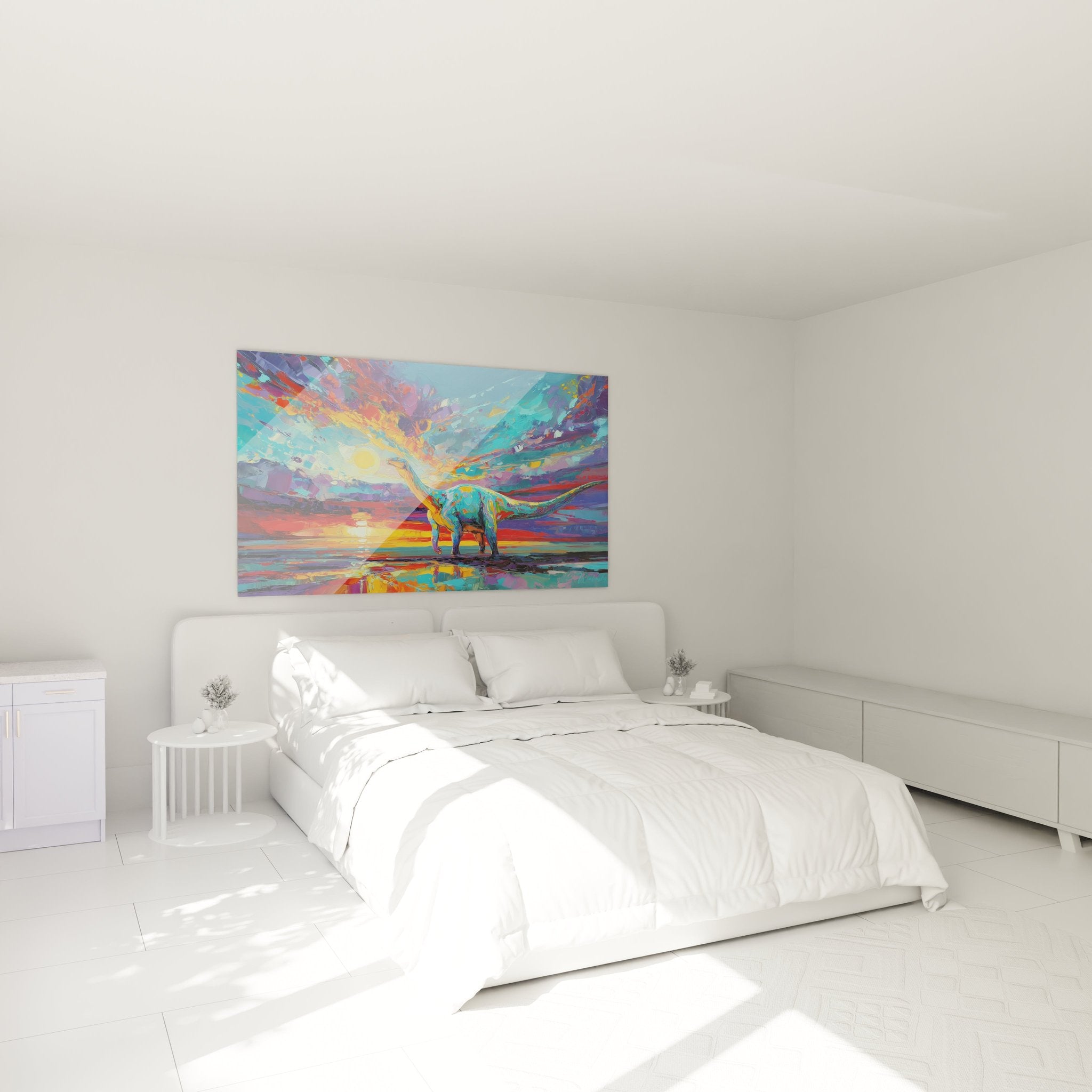 Dinosaurier Wandbild Brontosaurus Sonnenuntergang im Schlafzimmer als moderne Wanddekoration in warmen Farben