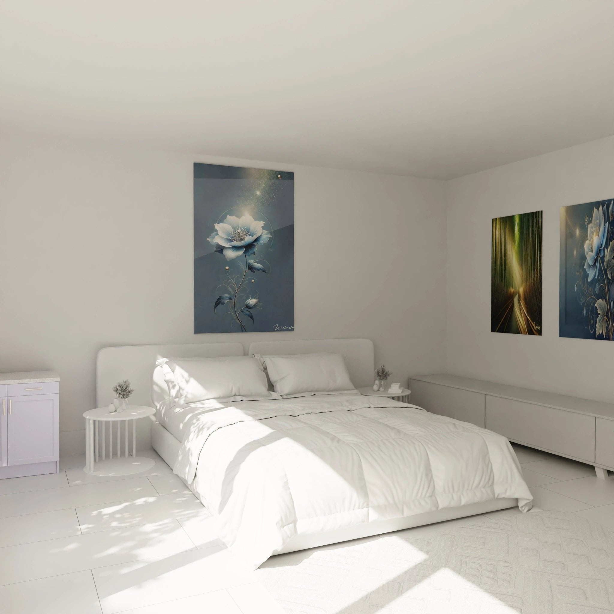 Meditatives Wandbild mit blauer Blume im modernen Schlafzimmer als Entspannungsdekoration