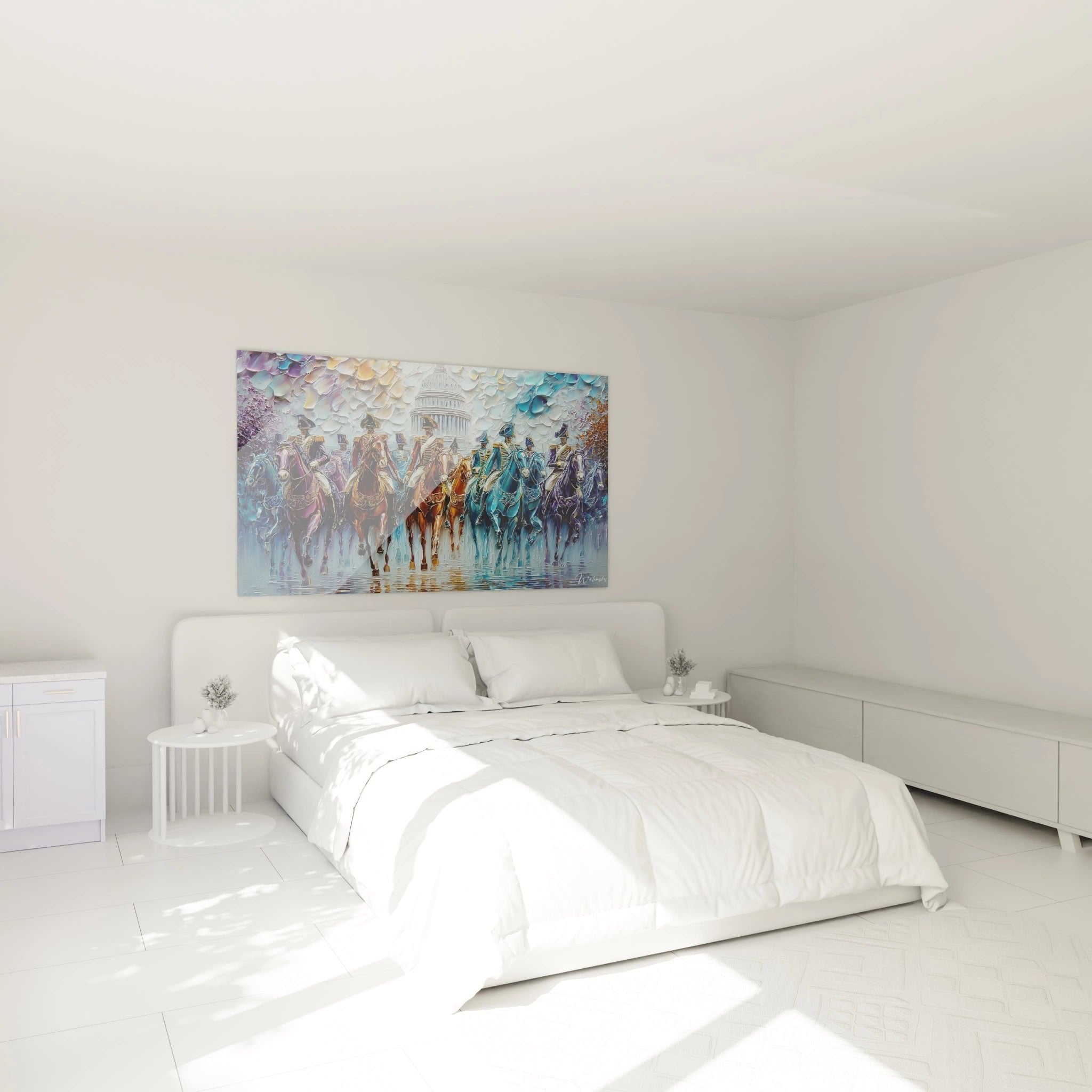 Wandbild Napoleons Kavallerie im eleganten Schlafzimmer, historische Kunst als stilvoller Wandschmuck