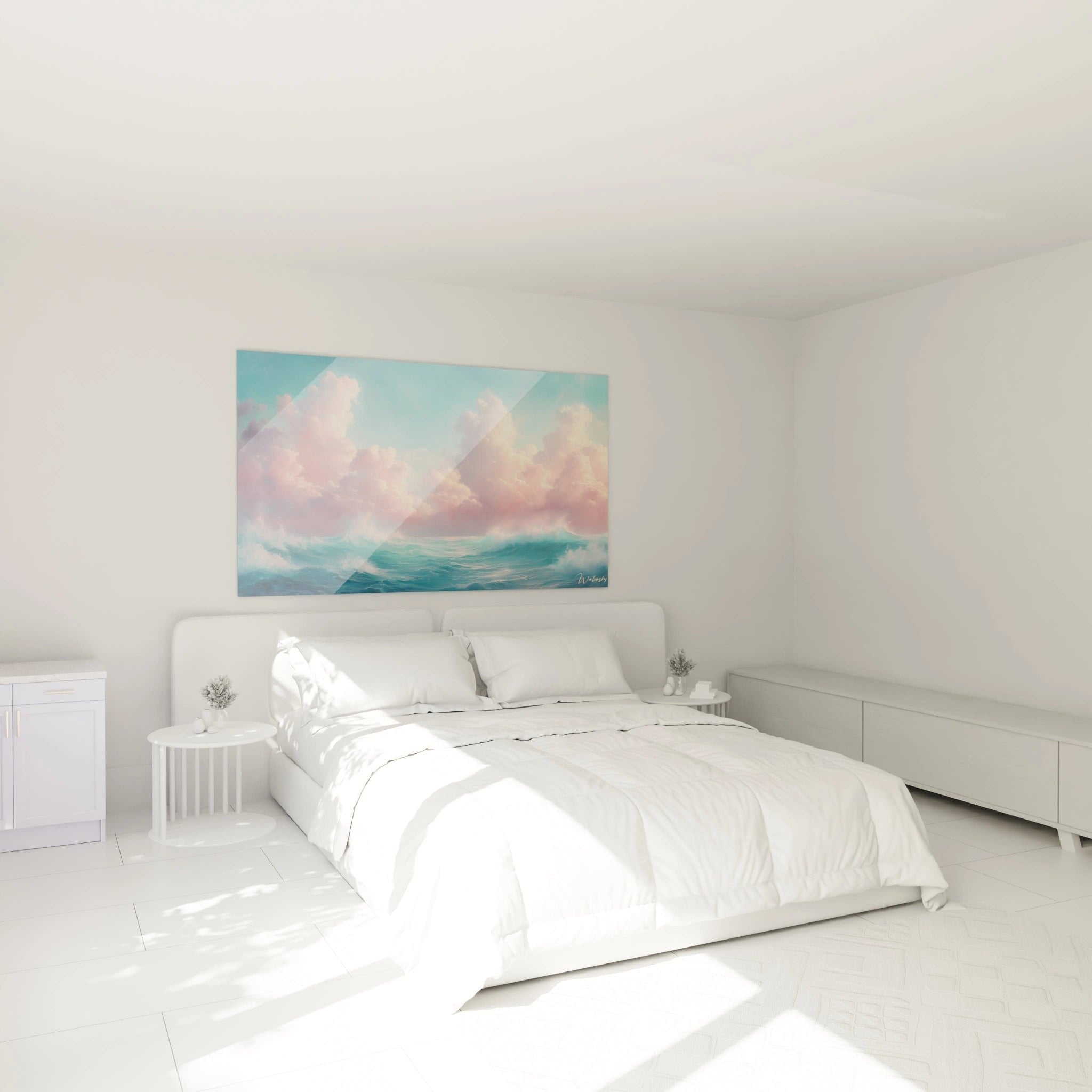 Meereslandschaft Wandbild im Schlafzimmer - rosa Wolken und türkises Wasser schaffen beruhigende Atmosphäre