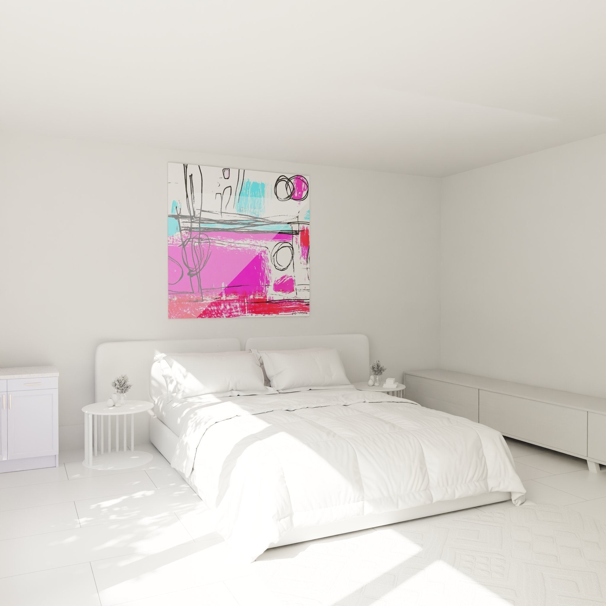 Abstraktes Wandbild in pink und blau im modernen Schlafzimmer Ambiente zeitgenössische Raumgestaltung