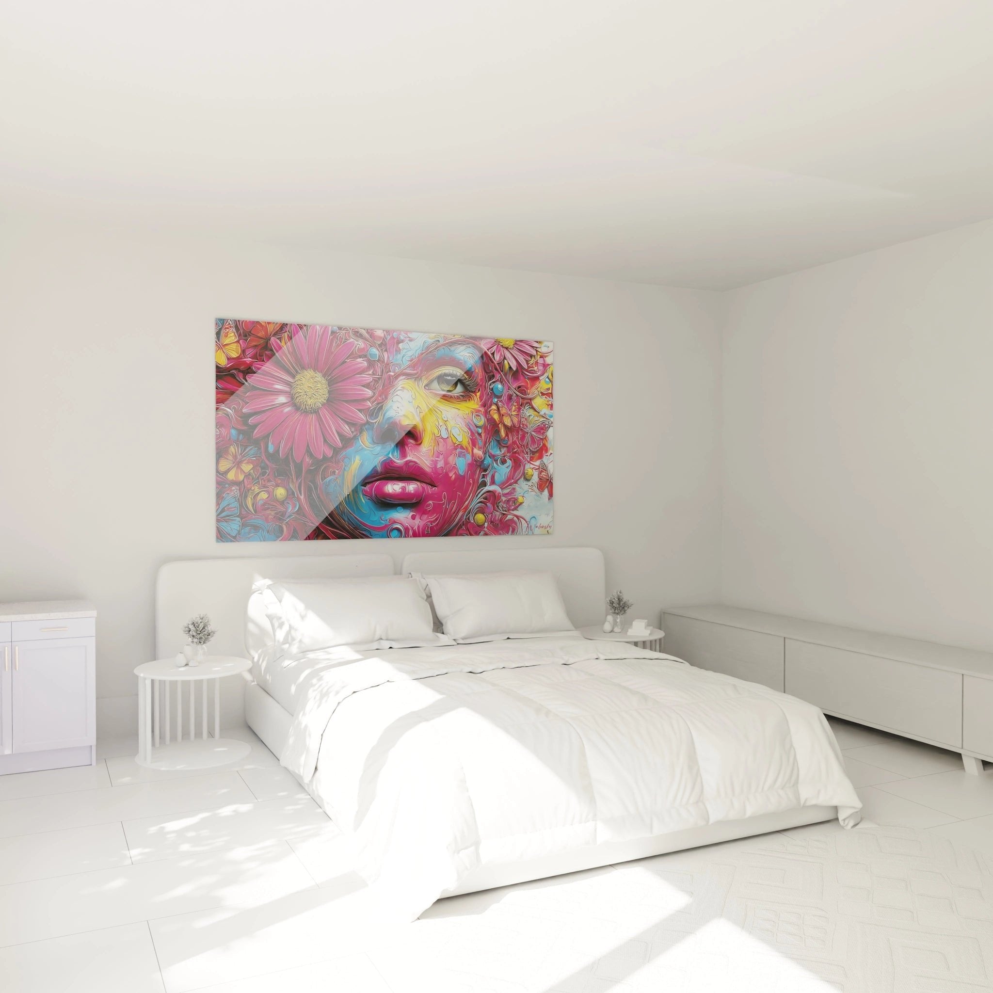 Modernes Schlafzimmer mit psychedelischem Frauenporträt als Wanddeko in leuchtenden Farben