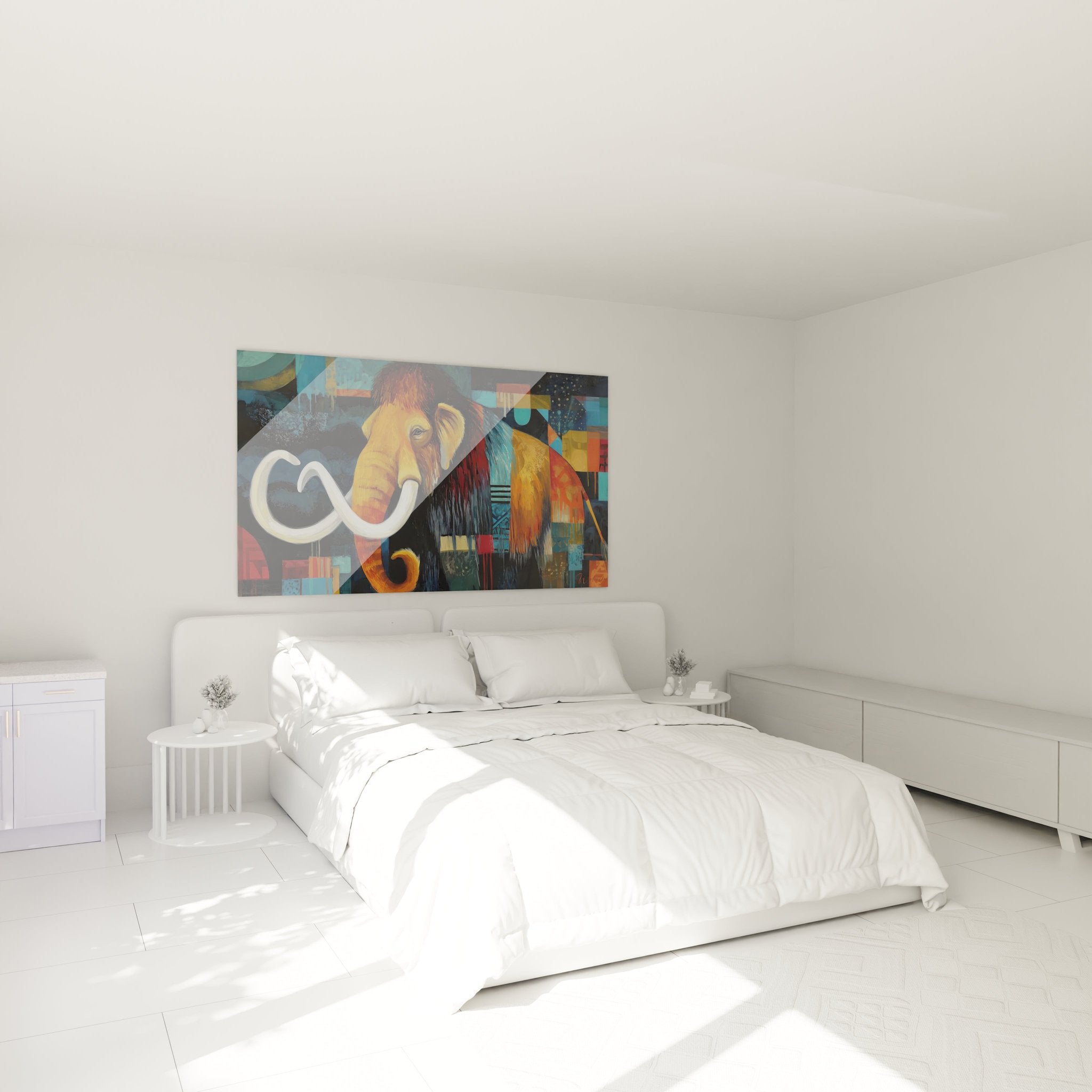 Wollmammut Wandbild im Schlafzimmer - abstrakte Kunst als moderne Wanddekoration