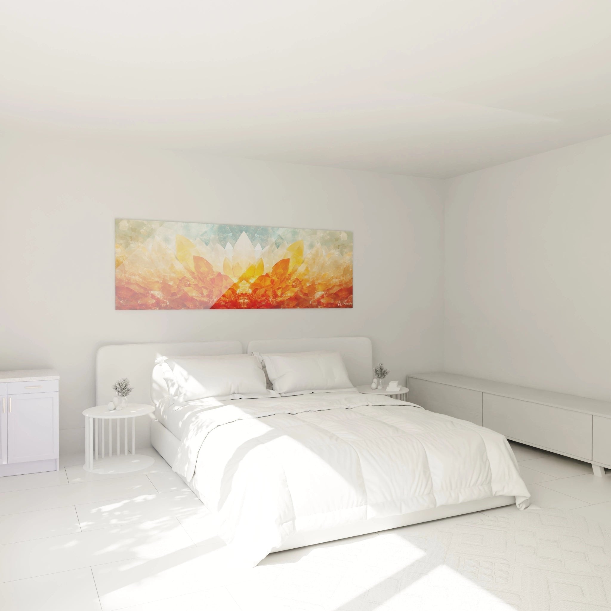 Lotusblüten-Wandbild im Schlafzimmer, kristalline Petals in warmen Farben schaffen beruhigende Atmosphäre über dem Bett