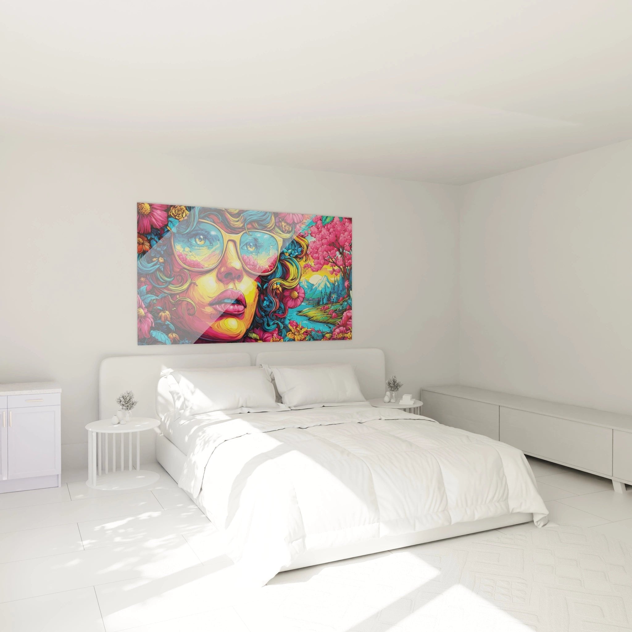 Farbexplosion Wandbild mit psychedelischer Frau als moderne Schlafzimmer Dekoration an der Wand