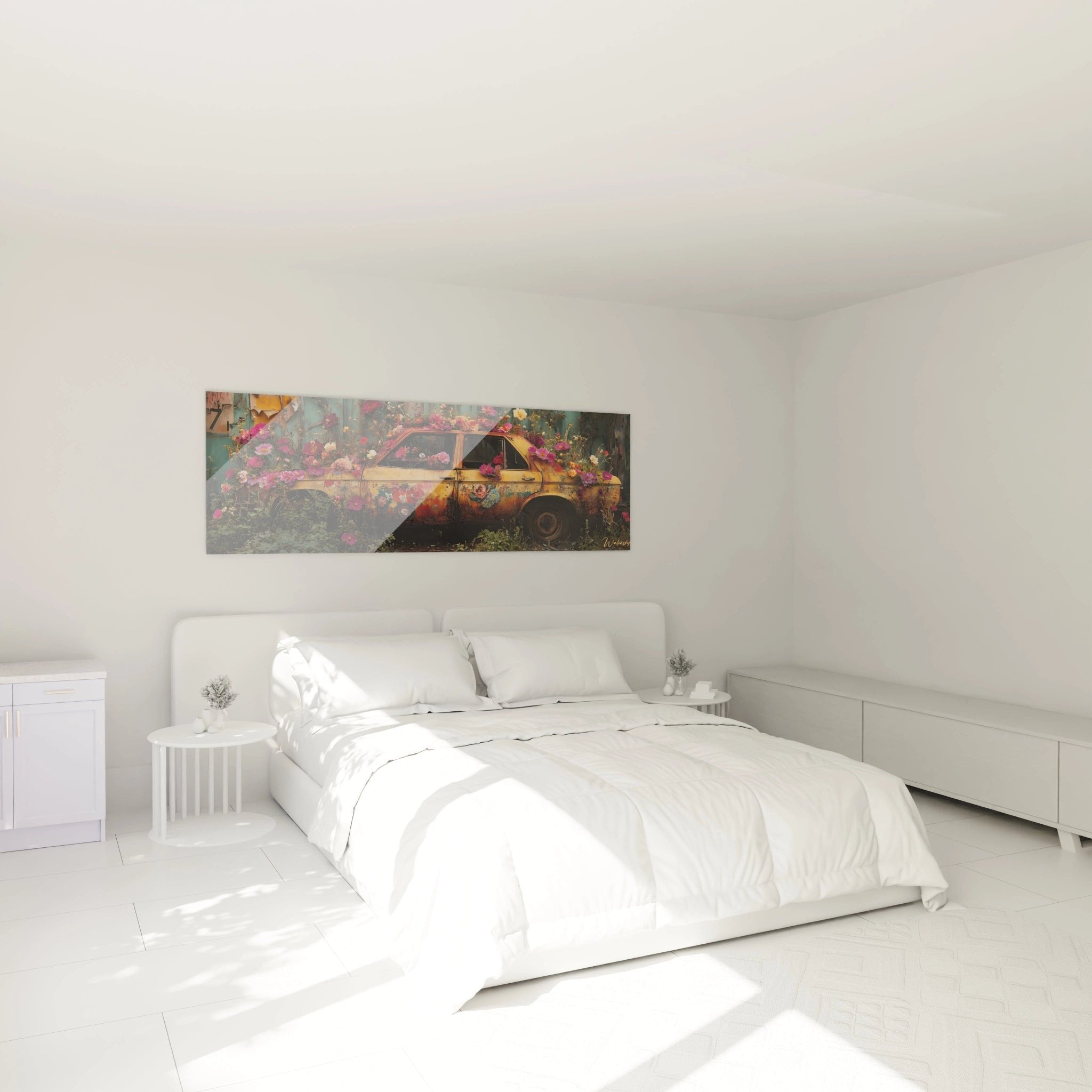 Schlafzimmer Ambiente mit Wandbild Oldtimer und Blumen - moderne Wanddekoration Street Art Style