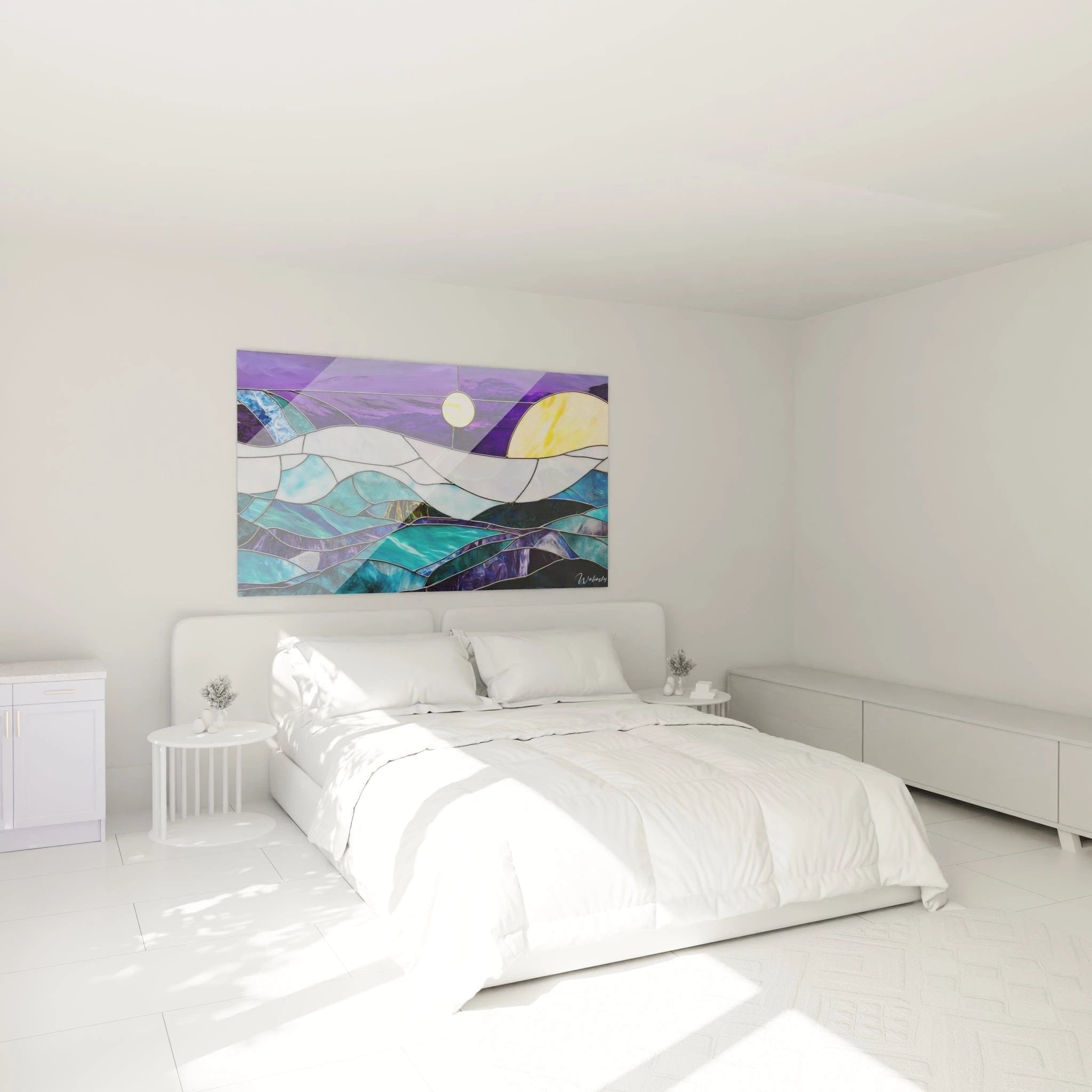 Glasmalerei Wandbild mit Bergmotiv im Schlafzimmer - beruhigende blaue Töne und Mondschein Atmosphäre