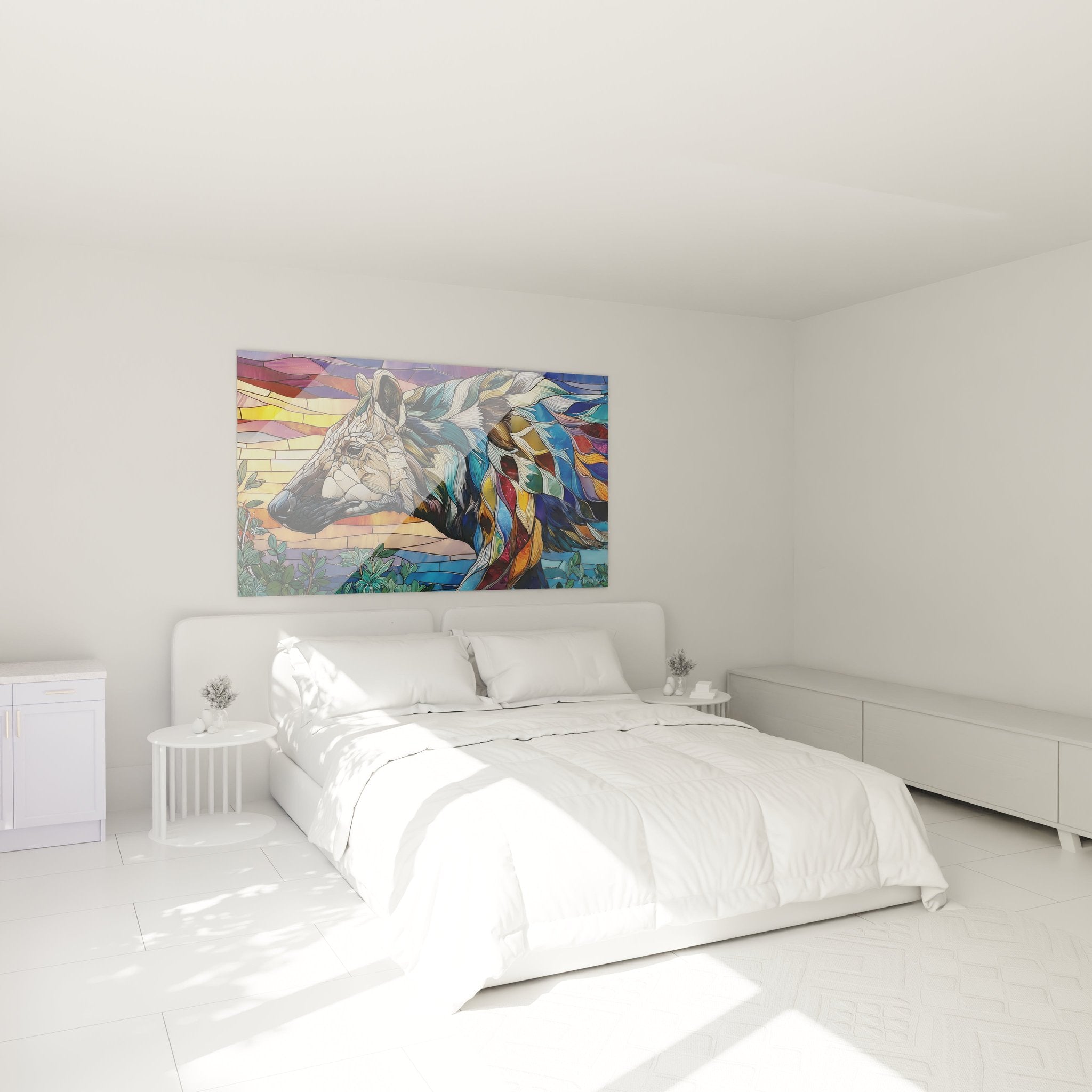 Pferde-Wandbild im Glasmosaik-Design als stilvolle Dekoration im modernen Schlafzimmer-Ambiente