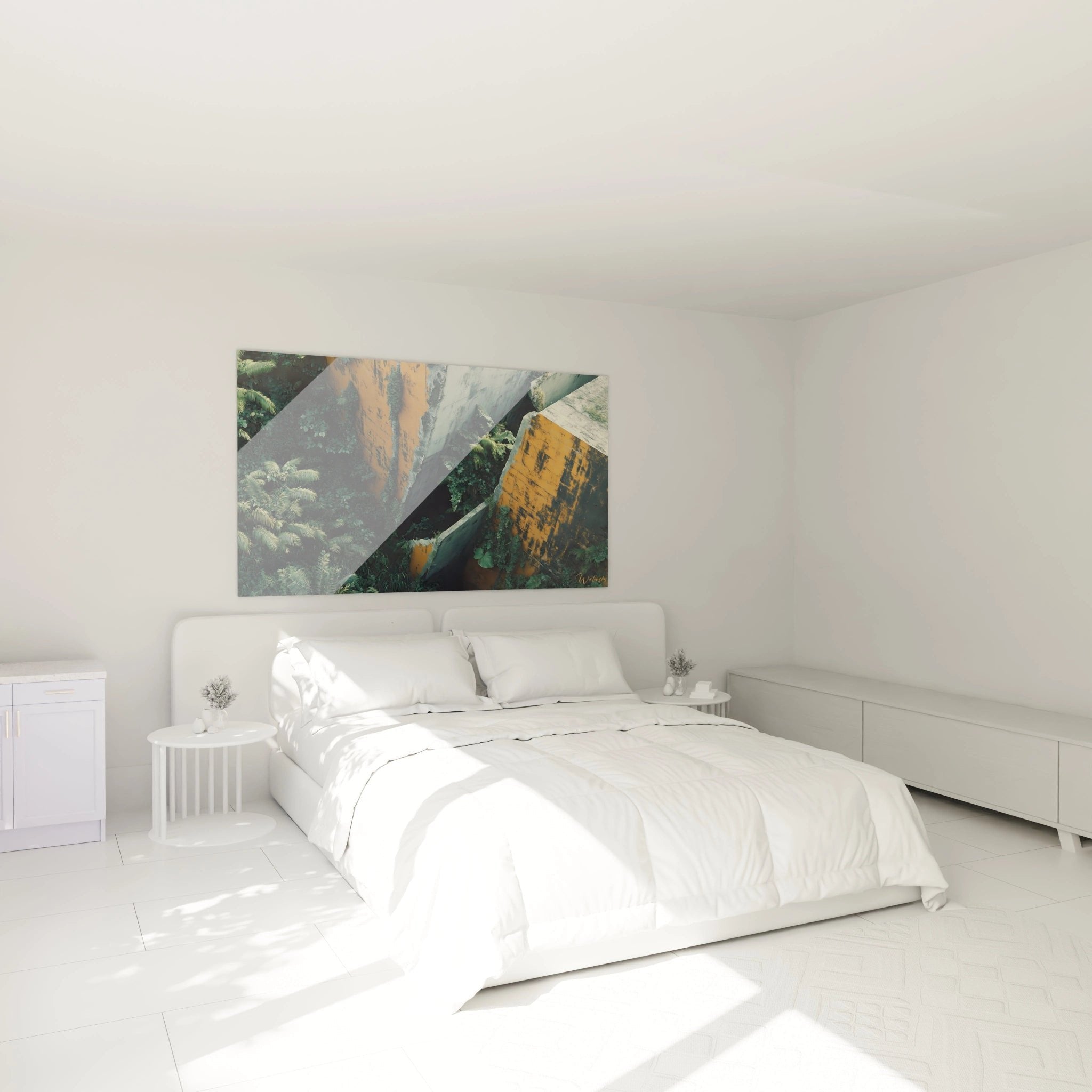 Urbaner Dschungel Wandbild im Schlafzimmer mit apokalyptischer Vegetation zwischen verfallenen Strukturen