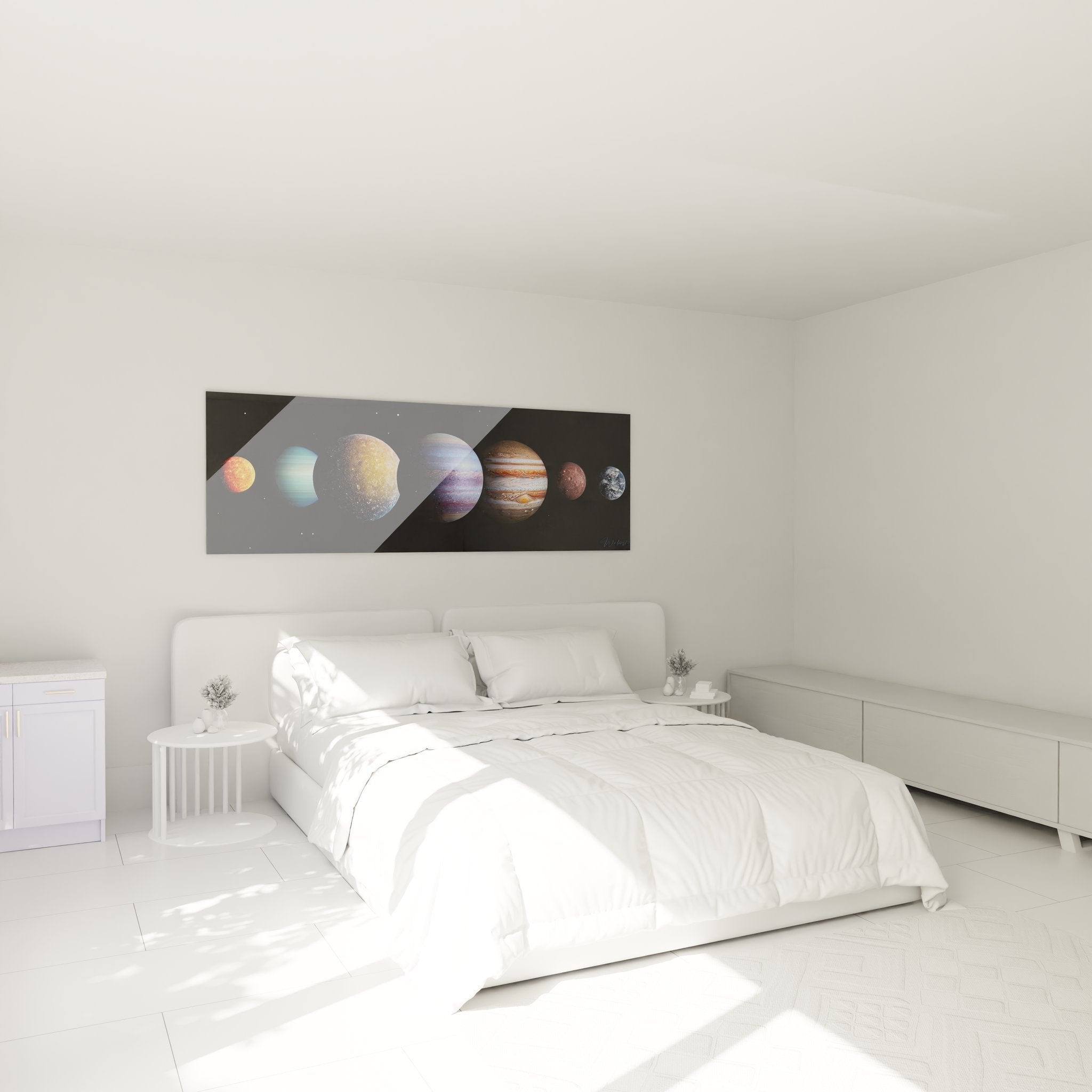 Sonnensystem Wandbild im Schlafzimmer als moderne Weltraum-Dekoration an der Wand