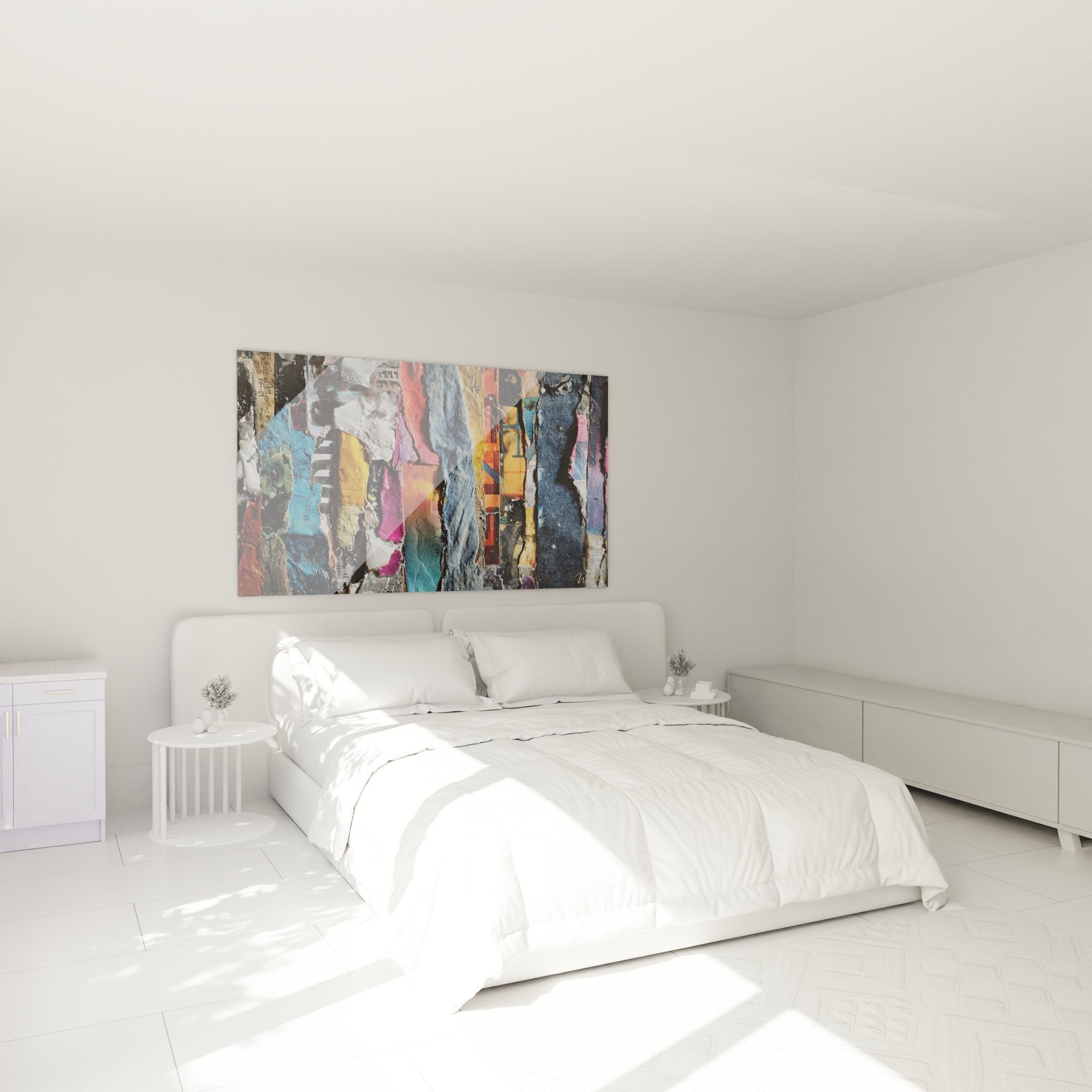 Modernes Schlafzimmer mit abstrakter Collage Wandbild über dem Bett, urbane Kunstdekoration in Wohnambiente