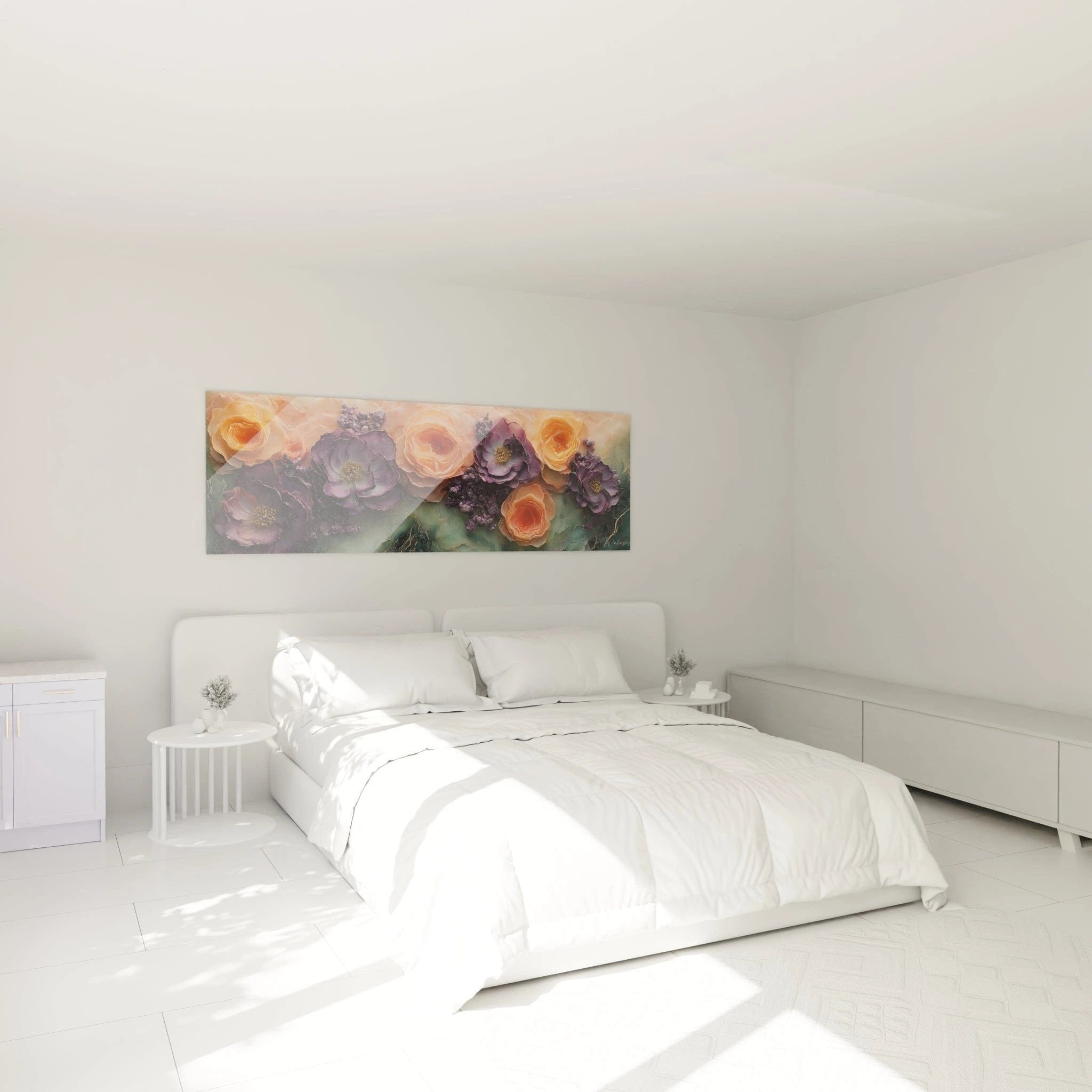 Blütenpracht Wandbild im Schlafzimmer - violette und orange Blumen schaffen beruhigende Atmosphäre
