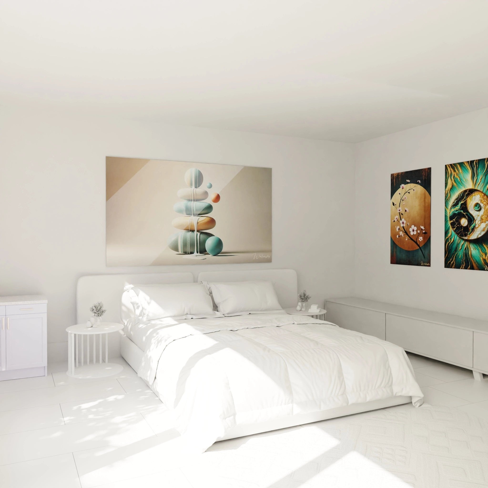 Zen-Steine Wandbild im Schlafzimmer - beruhigende Wellness Dekoration mit Wasserelementen für entspanntes Ambiente