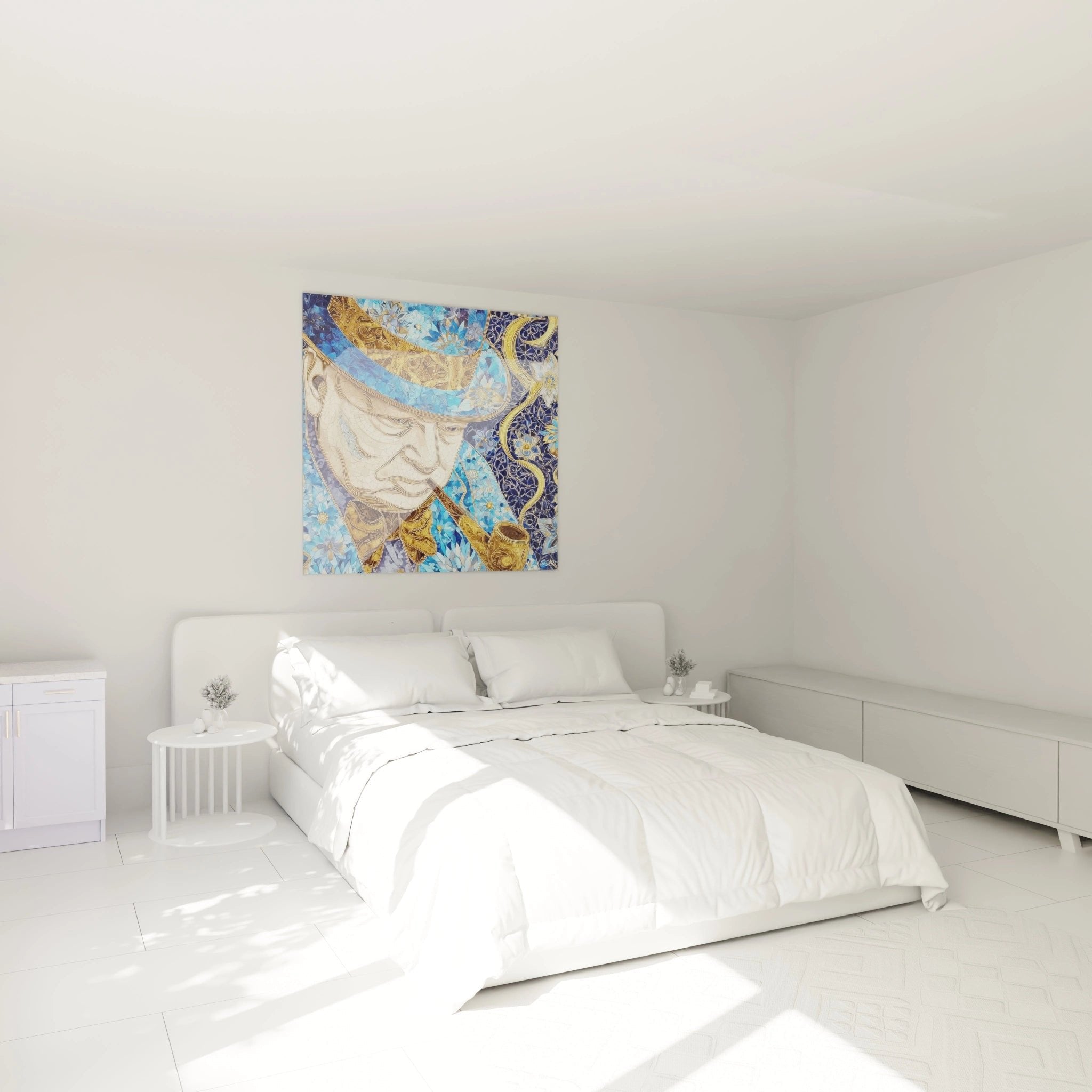 Churchill Wandbild im eleganten Schlafzimmer-Ambiente mit warmem Licht und klassischer Einrichtung