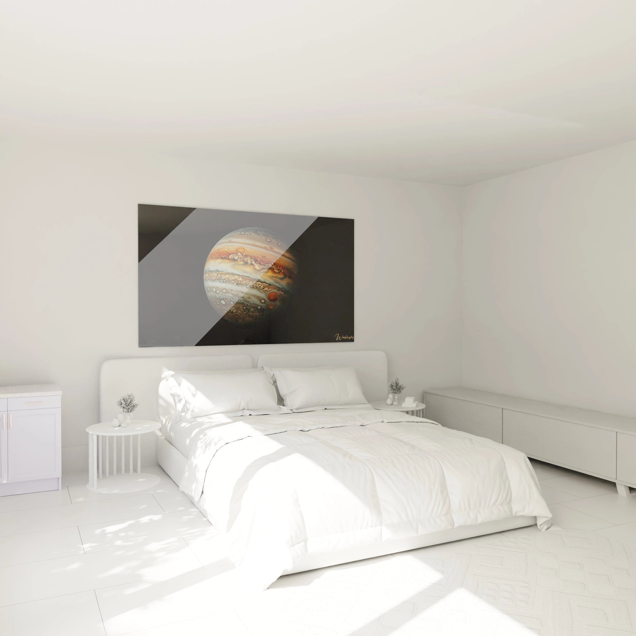 Jupiter Wandbild als moderne Wanddekoration im Schlafzimmer mit warmem Ambiente und stimmungsvoller Beleuchtung